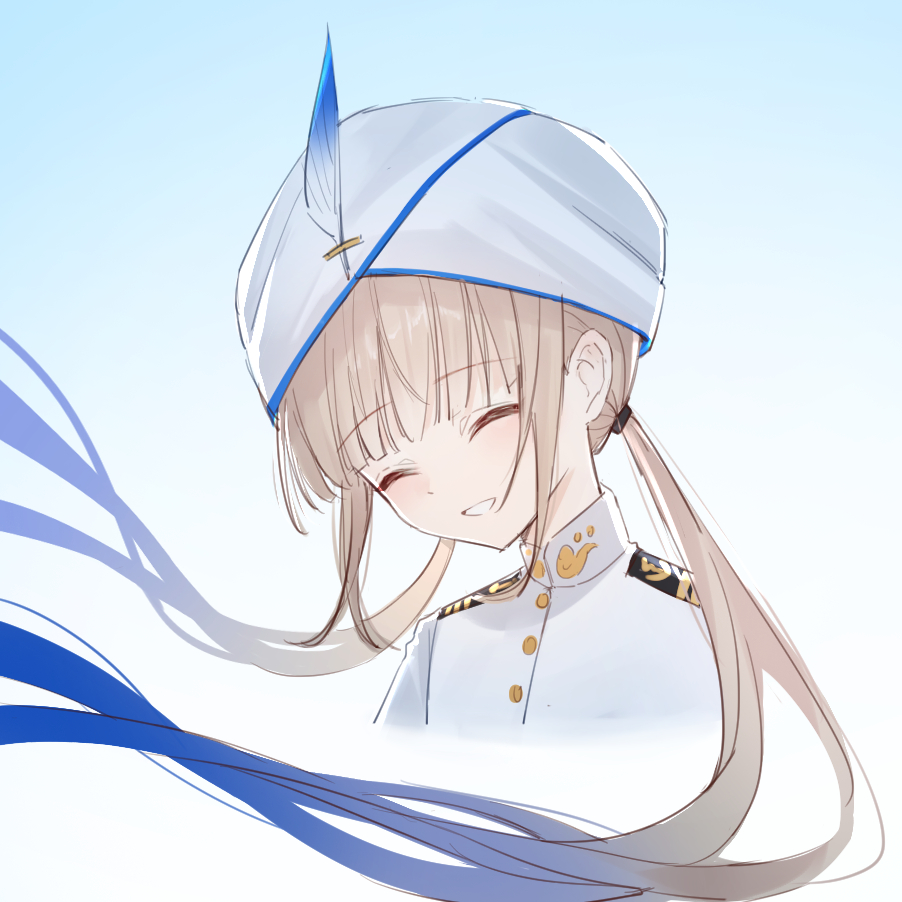 le memory, captain nemo (fate), captain nemo (first ascension) (fate), nemo (fate), fate/grand order, fate (series), commentary request, 1boy, androgynous, blonde hair, blue background, blue hair, blunt bangs, blush, border, buttons, closed eyes, floating hair, gradient hair, hair ornament, hat, hat feather, hat ornament, jacket, long hair, long sleeves, low twintails, male focus, mandarin collar, multicolored hair, outside border, sidelocks, simple background, smile, solo, teeth, twintails, very long hair, white border, white hat, white jacket