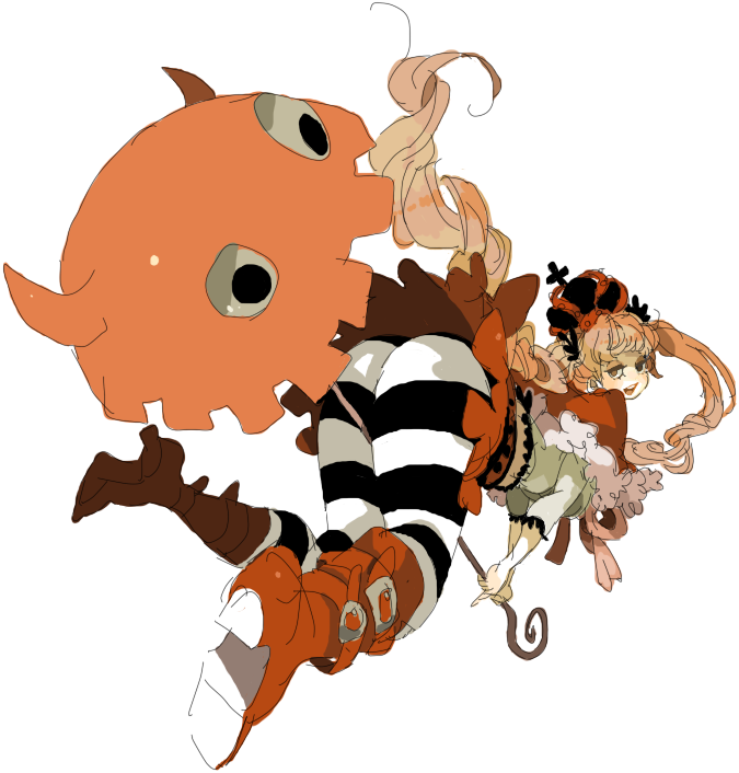 kinako (marubotan), kibako, perona, one piece, red footwear, 1girl, ass, boots, capelet, crown, drill hair, female focus, flying, high heel boots, high heels, long hair, pantyhose, pink hair, red crown, red heels, red skirt, riding, shoes, short cape, skirt, solo, striped clothes, striped pantyhose, thighhighs, thriller bark, twintails, umbrella