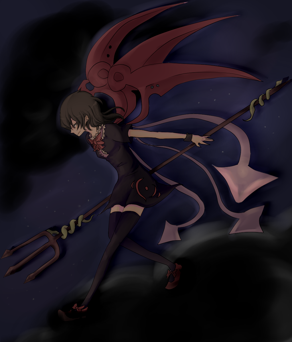 kiu (kiu3q3), houjuu nue, touhou, bad id, bad pixiv id, highres, 1girl, black hair, black thighhighs, bow, bowtie, dark, dress, female focus, full body, polearm, short hair, snake, solo, spear, thighhighs, trident, weapon, wings, wristband, zettai ryouiki