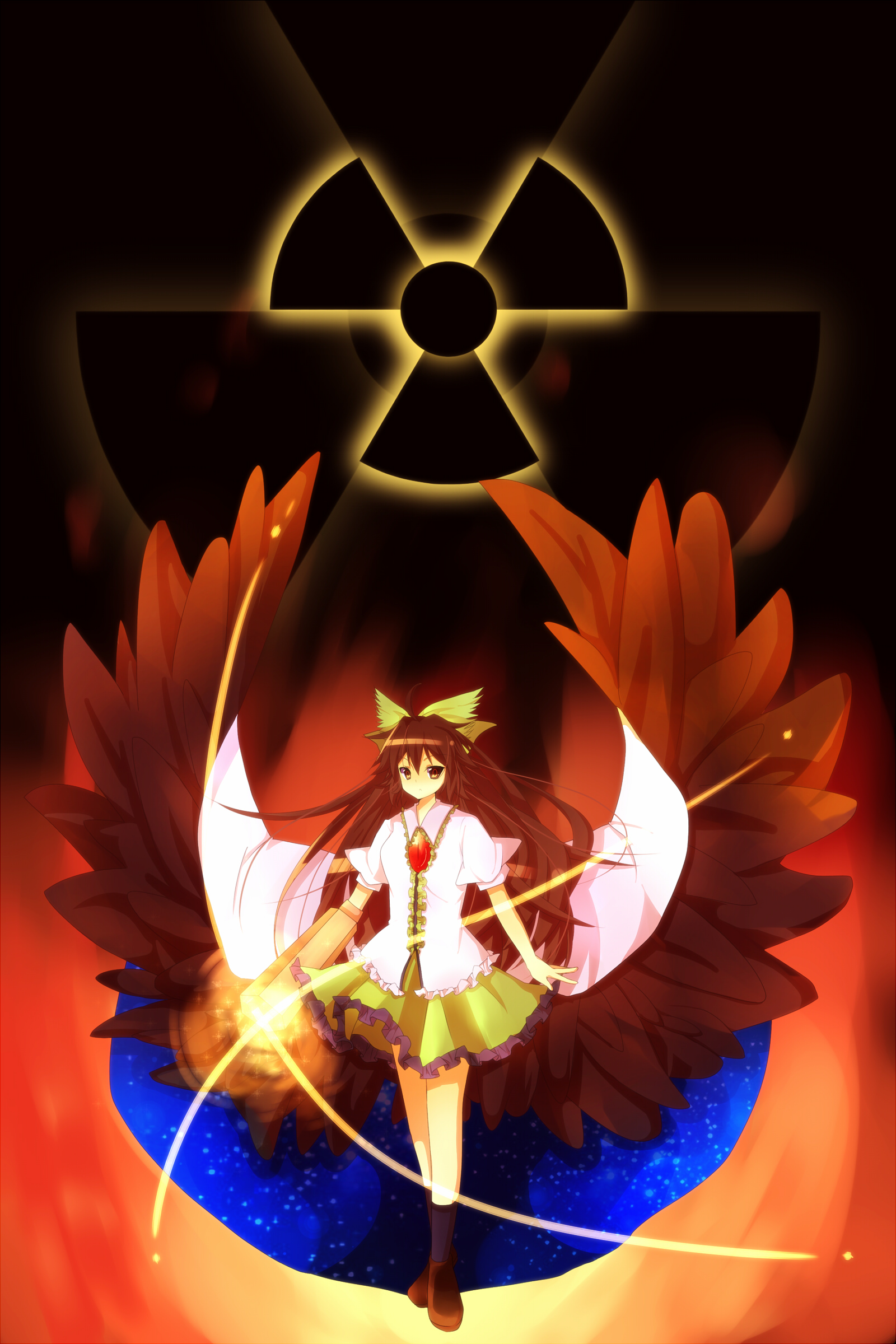 yuuro minaduki, yuuro minazuki, reiuji utsuho, touhou, absurdres, bad id, bad pixiv id, highres, 1girl, black hair, black socks, bow, cape, female focus, fire, hair bow, long hair, radiation symbol, red eyes, socks, solo, wings