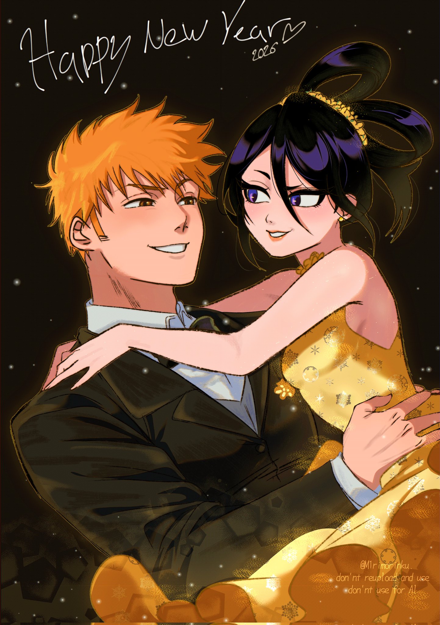 m1rimorinku, kuchiki rukia, kurosaki ichigo, bleach, highres, 1boy, 1girl, 2026, black hair, blush, brown hair, carrying, carrying person, couple, dress, formal clothes, happy new year, looking at another, messy hair, new year, orange hair, princess carry, purple eyes, side ponytail, suit