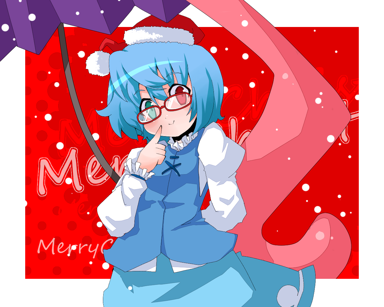 koori rei yakko, tatara kogasa, touhou, bad id, bad pixiv id, 1girl, bespectacled, christmas, female focus, glasses, hat, heterochromia, karakasa obake, santa hat, short hair, solo, umbrella
