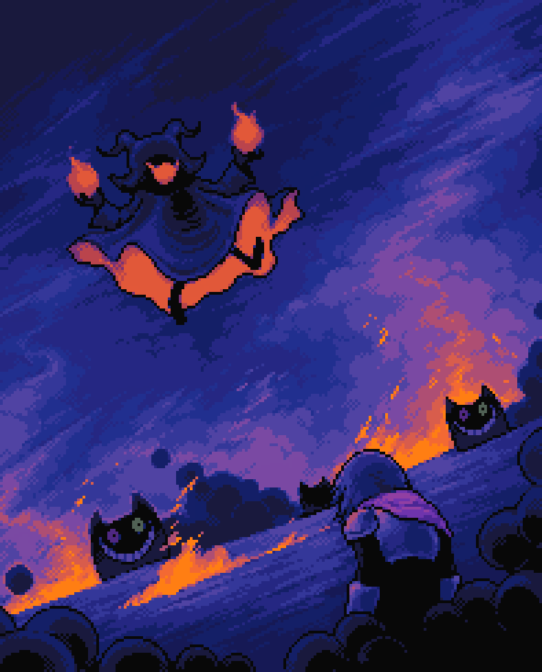 sharfabean, eram (deltarune), friend (deltarune), kris (dark world) (deltarune), kris (deltarune), deltarune, utdr (toby fox), animal ears, armor, black robe, blue hair, breastplate, cape, cat, cat ears, crazy eyes, crazy grin, dutch angle, evil smile, fangs, fire, fireball, glowing clothes, glowing mouth, heterochromia, living shadow, multiple others, multiple persona, no eyes, pauldrons, pink cape, pink eyes, pixel art, pyrokinesis, robe, shoulder armor, skin fangs, smile, yellow eyes