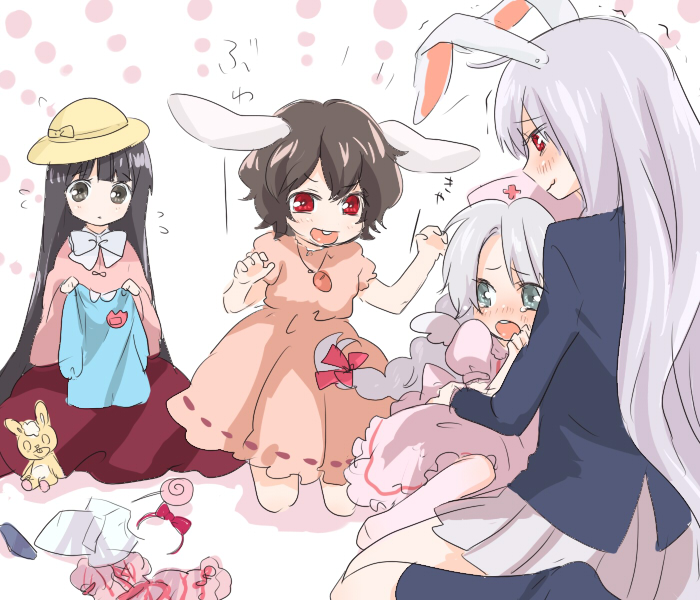 machiko (beard), houraisan kaguya, inaba tewi, reisen udongein inaba, yagokoro eirin, touhou, 4girls, aged down, animal ears, back, female focus, hat, kindergarten, kindergarten uniform, multiple girls, rabbit ears, ribbon, scared, school hat