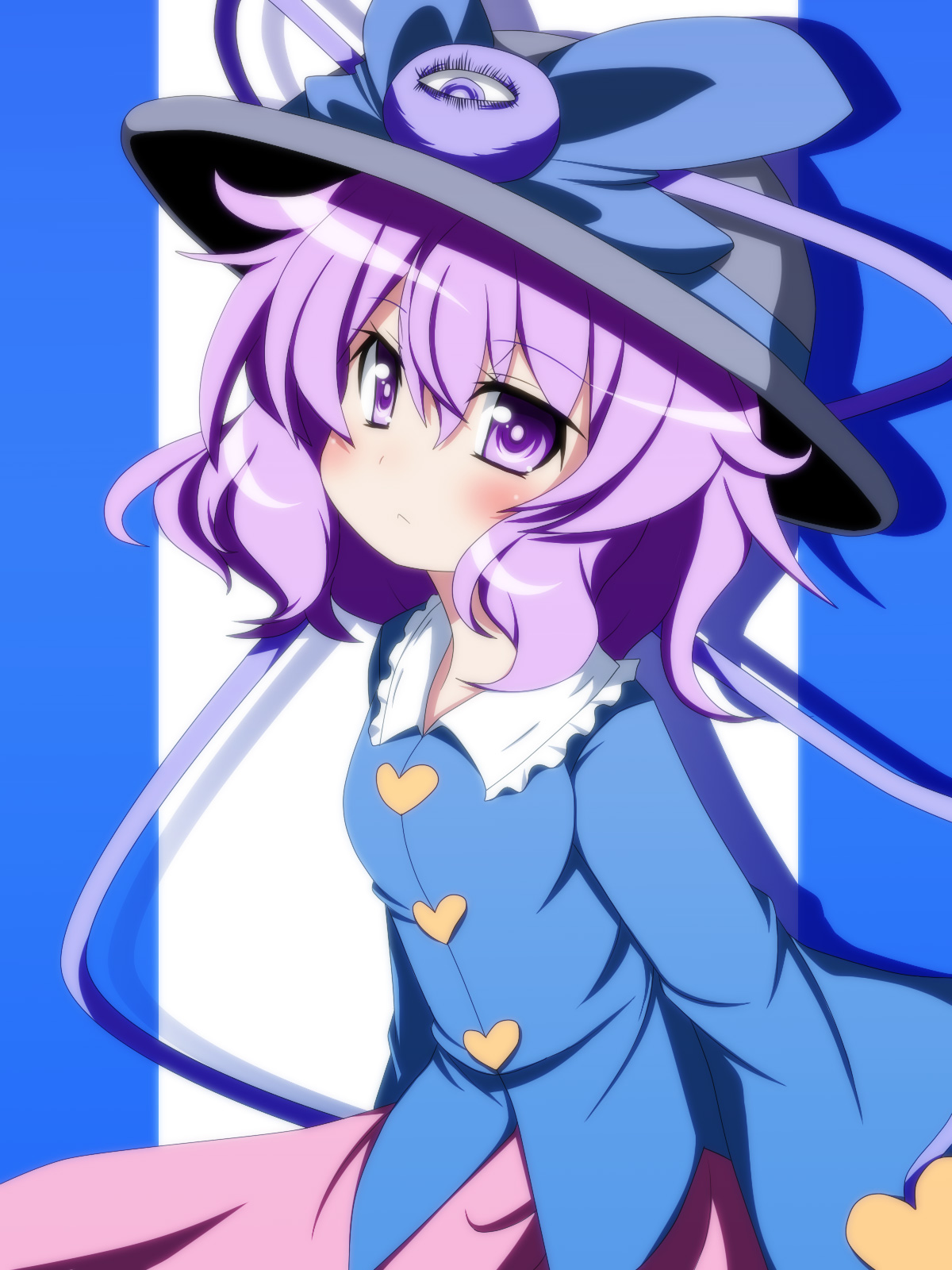 oborotsuki kakeru, komeiji satori, touhou, highres, 1girl, female focus, hat, heart, purple eyes, purple hair, short hair, solo