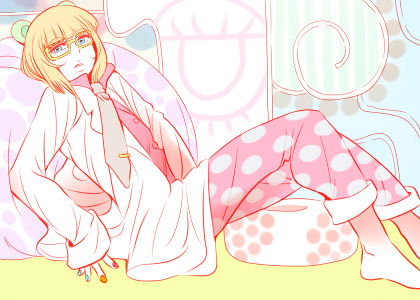 haruki (pixiv343734), irabu ichirou, kuuchuu buranko, 00s, 1boy, barefoot, blonde hair, blunt bangs, blush, brown necktie, glasses, lab coat, long sleeves, looking at viewer, male focus, necktie, pants, polka dot, sleeves past wrists, solo