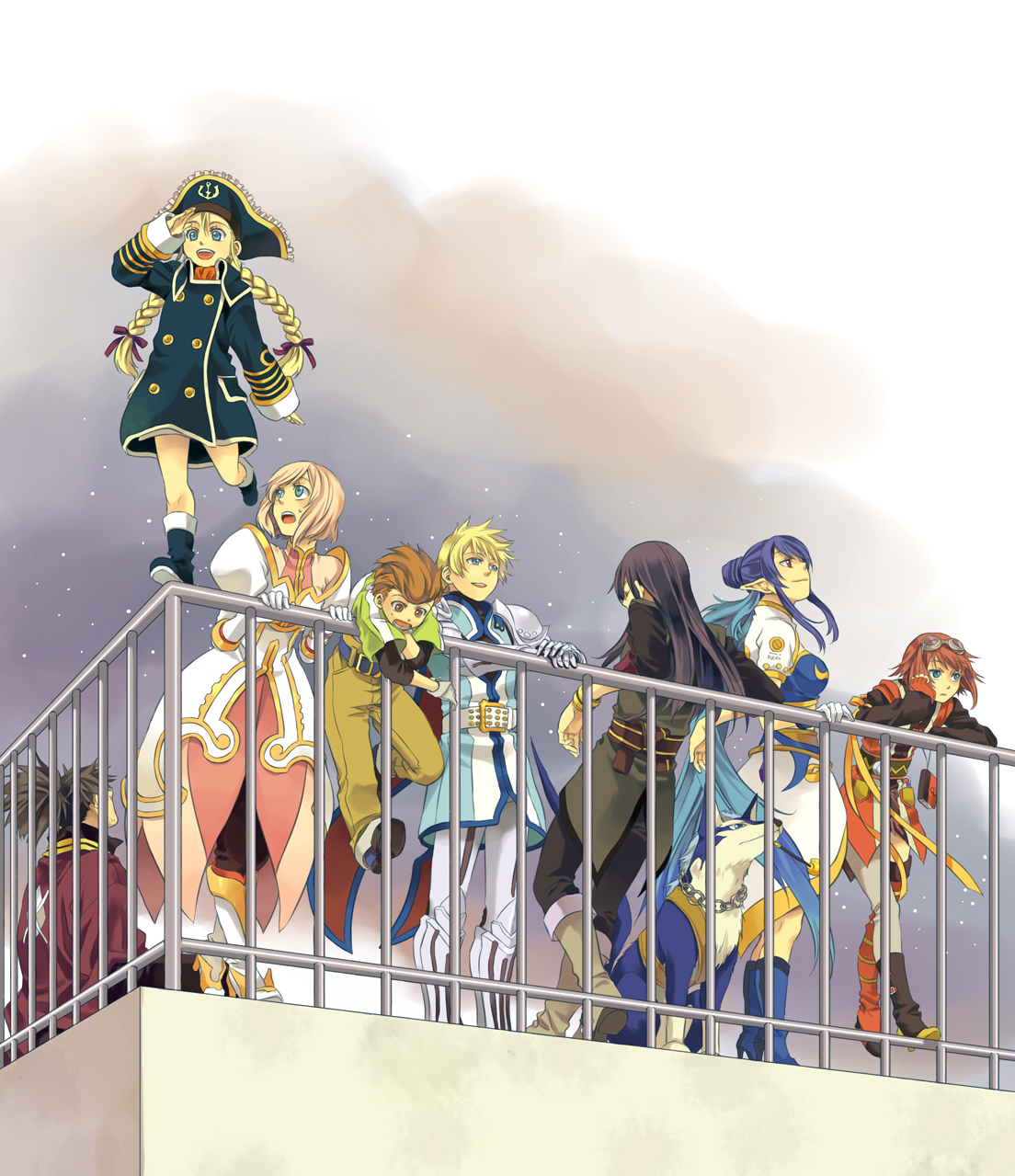 miho (mi), estellise sidos heurassein, flynn scifo, judith (tales), karol capel, patty fleur, raven (tales), repede (tales), rita mordio, yuri lowell, tales of (series), tales of vesperia, blue footwear, highres, 00s, 4boys, 4girls, armor, black hair, blonde hair, blue eyes, blue hair, boots, bracelet, braid, brown eyes, brown hair, gloves, goggles, green eyes, hat, jewelry, knee boots, long hair, multiple boys, multiple girls, pink hair, ponytail, purple eyes, short hair, twin braids