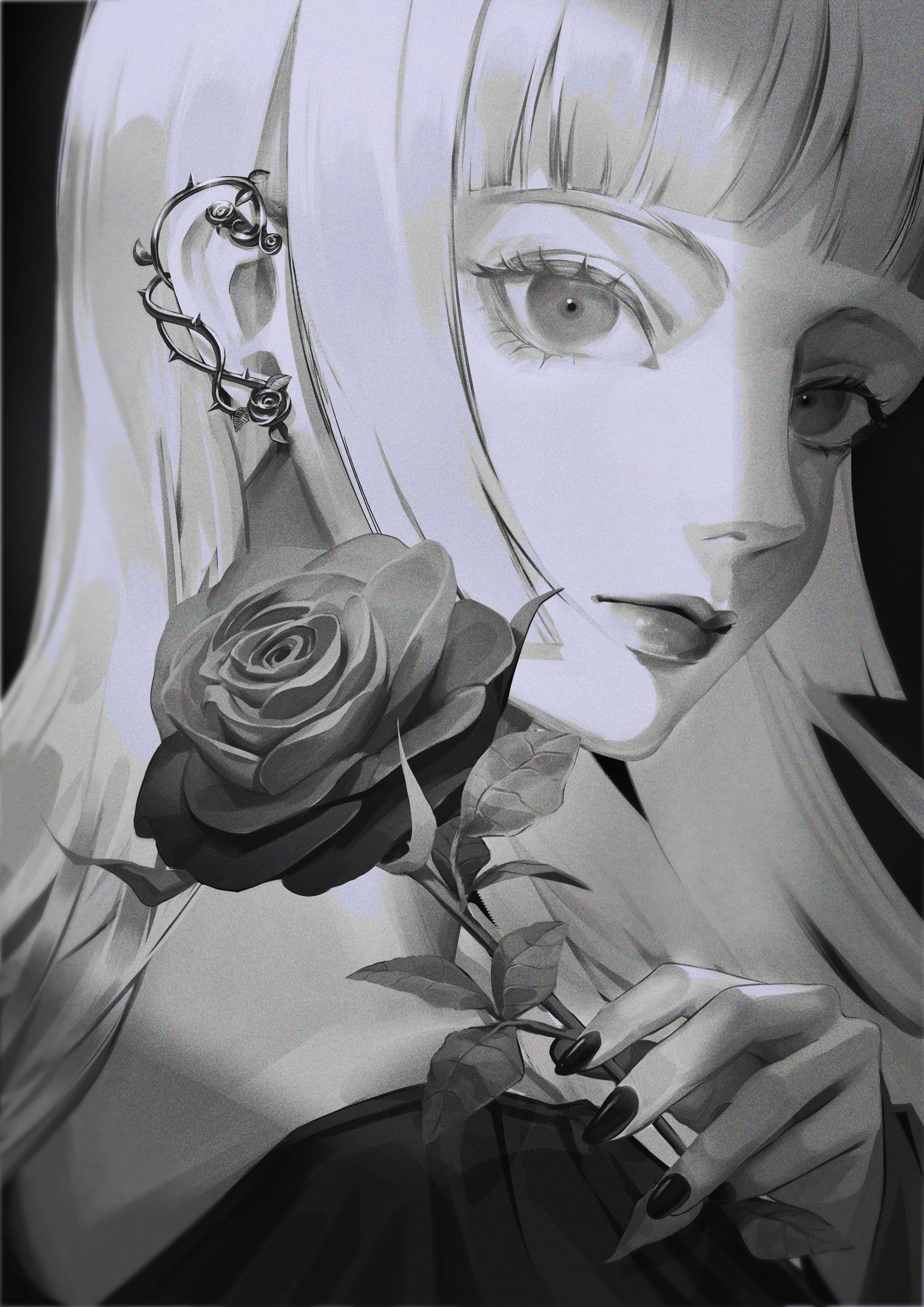 doloyume, original, absurdres, commentary, english commentary, highres, 1girl, blunt bangs, expressionless, eyelashes, fingernails, flower, greyscale, holding, holding flower, lips, long hair, monochrome, nail polish, rose, solo, straight hair