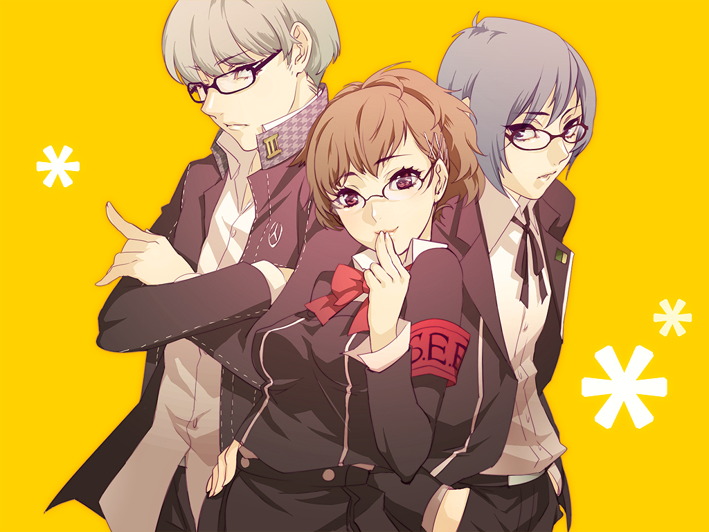 tamachi kuwa, narukami yu, shiomi kotone, yuuki makoto (persona 3), atlus, persona, persona 3, persona 3 portable, persona 4, 1girl, 2boys, armband, bespectacled, bow, brown hair, crossed arms, glasses, grey hair, hair ornament, hairclip, hand in pocket, hand on own hip, hip focus, multiple boys, one eye closed, school uniform, short hair, wink