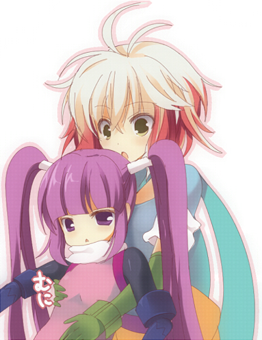 mayachi (amuriya), rate (pixiv), pascal (tales), sophie (tales), tales of (series), tales of graces, lowres, 2girls, :<, :o, blue shirt, grabbing another's breast, groping, multicolored hair, multiple girls, purple eyes, purple hair, scarf, shirt, two-tone hair, yellow eyes, yuri