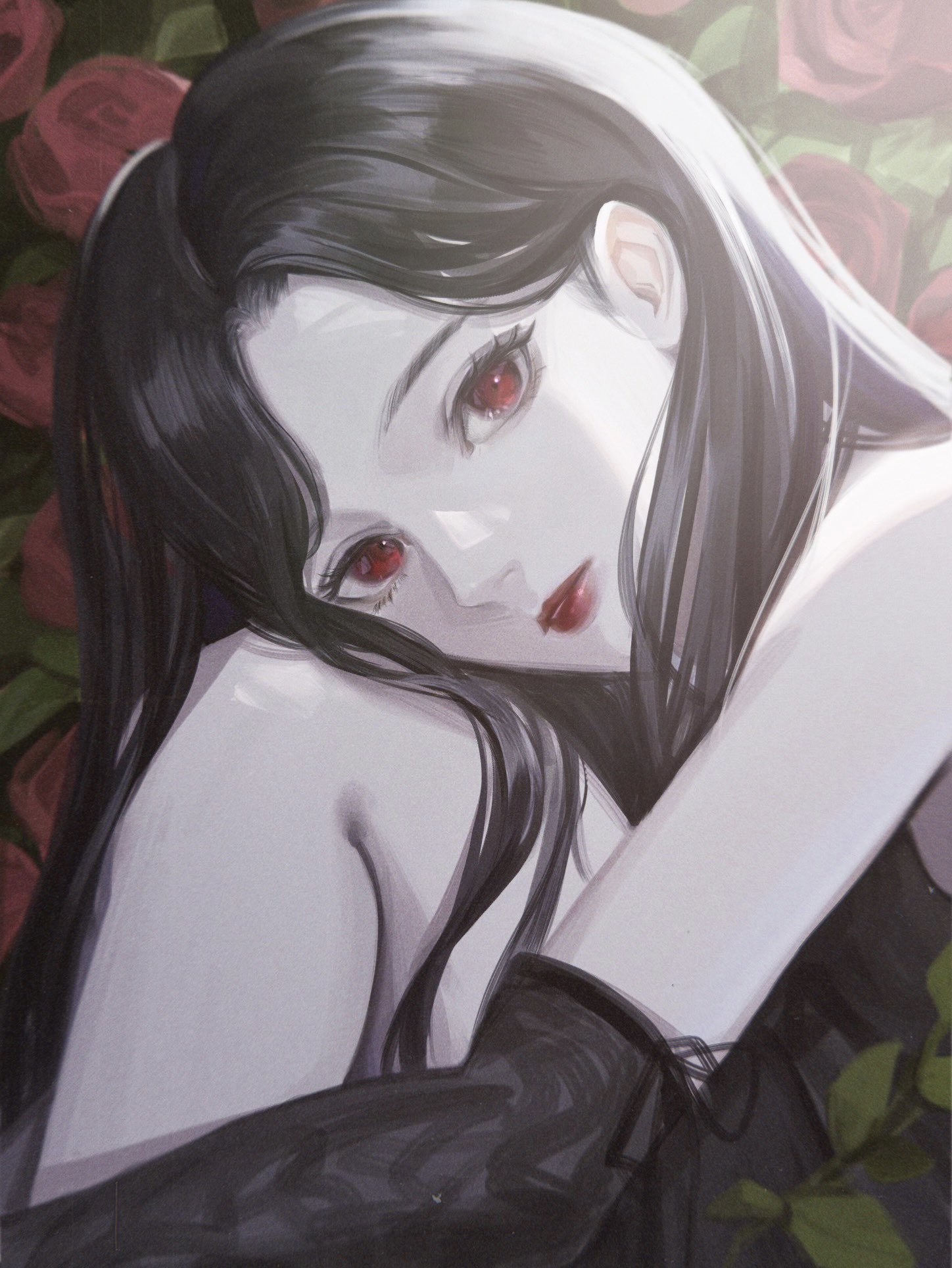 doloyume, original, commentary request, highres, 1girl, black hair, black sleeves, detached sleeves, expressionless, flower, long hair, looking at viewer, red eyes, red flower, red lips, rose, solo