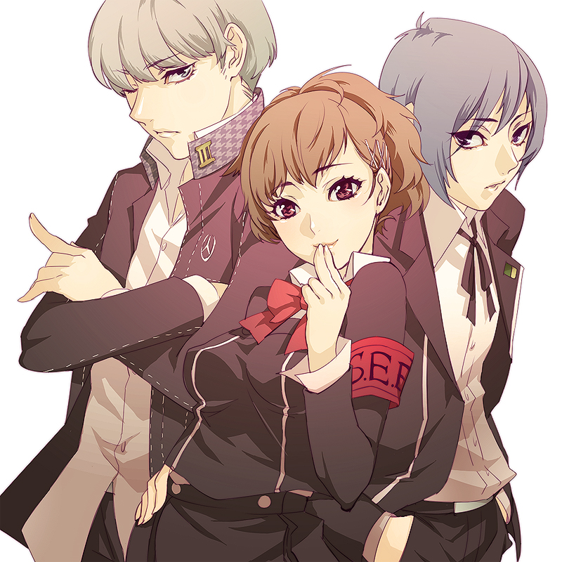 tamachi kuwa, narukami yu, shiomi kotone, yuuki makoto (persona 3), atlus, persona, persona 3, persona 3 portable, persona 4, 1girl, 2boys, armband, bow, brown hair, grey hair, hair ornament, hairclip, multiple boys, one eye closed, school uniform, short hair, wink