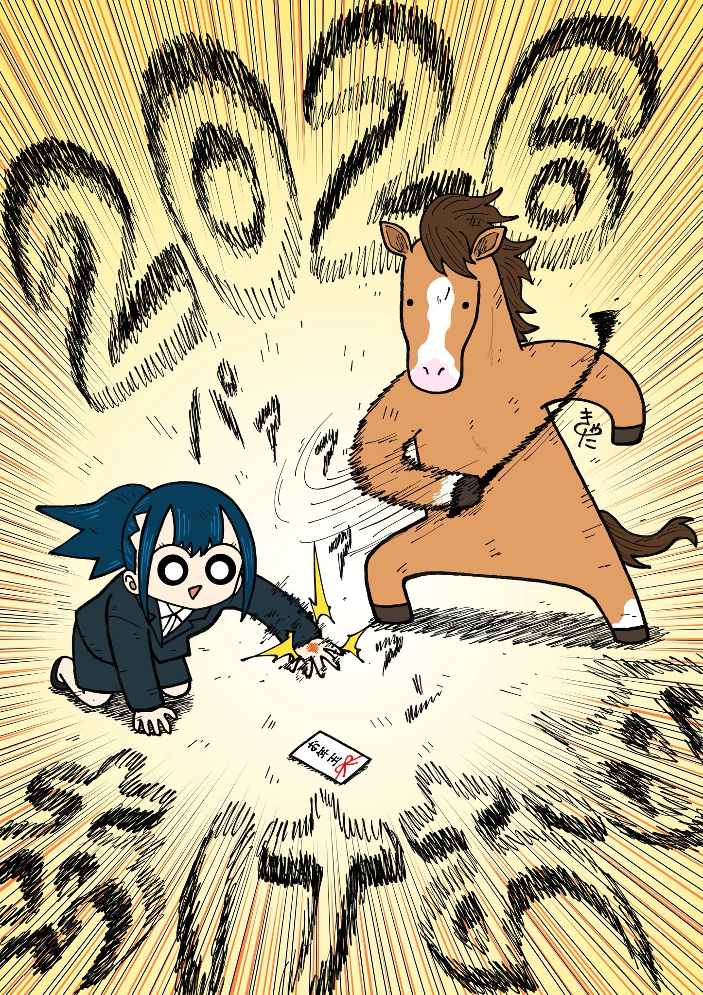 kyata ti666, seina (kyata ti666), kyatapi land, commentary, highres, 1girl, 2026, black eyes, black hair, chinese zodiac, emphasis lines, hand injury, happy new year, horse, injury, motion blur, motion lines, new year, office lady, otoshidama, ponytail, reaching, riding crop, slapping, solid circle eyes, year of the horse