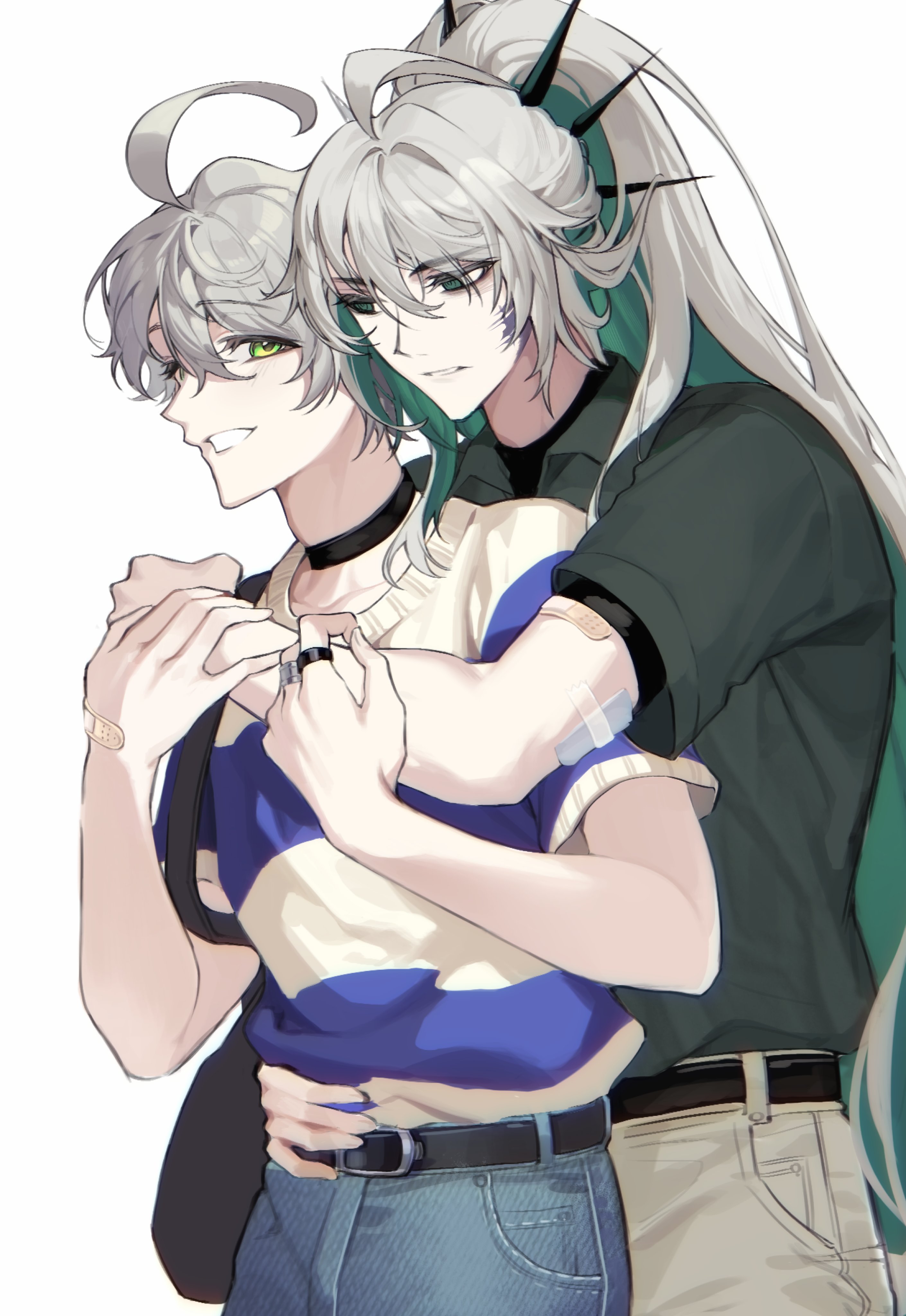 ged s, ainchase ishmael, bluhen (elsword), herrscher (elsword), elsword, absurdres, commentary request, highres, korean commentary, 2boys, ahoge, alternate costume, arm around waist, bag, bags under eyes, bandaid, bandaid on arm, bandaid on hand, belt, belt buckle, black bag, black belt, black choker, black shirt, blue pants, blue sweater, blush, buckle, casual, choker, collared shirt, colored inner hair, cowboy shot, denim, dual persona, empty eyes, eyes visible through hair, facial mark, green eyes, green hair, green shirt, grin, hair between eyes, high ponytail, hug, hug from behind, jeans, jewelry, long hair, looking at another, male focus, multicolored hair, multiple boys, multiple rings, pants, ponytail, ring, ringed eyes, selfcest, shirt, short hair, short sleeves, shoulder bag, sideways mouth, simple background, smile, striped clothes, striped sweater, sweater, turtleneck, two-tone hair, undershirt, very long hair, white background, wing collar, yaoi