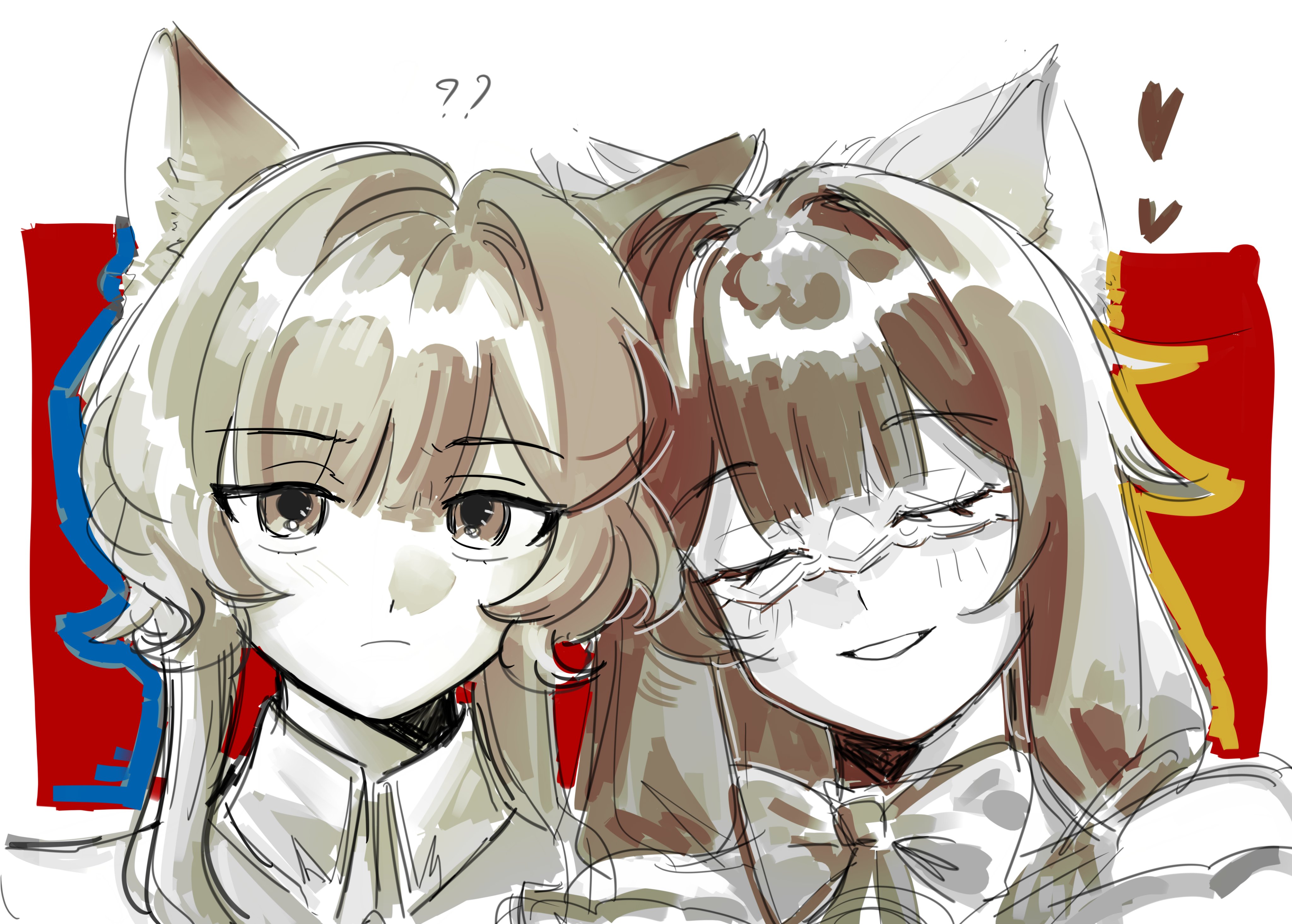 saawawa, columbina (genshin impact), sandrone (genshin impact), genshin impact, absurdres, highres, 2girls, ?, ??, animal ear fluff, animal ears, bare shoulders, blunt bangs, blush, border, bow, bowtie, cat ears, closed eyes, closed mouth, detached collar, eye mask, greyscale with colored background, hair between eyes, hair ornament, heart, kemonomimi mode, leaning on person, long hair, looking at viewer, mask, multiple girls, no headwear, no wings, outside border, red background, shadow, short hair with long locks, sidelocks, simple background, smile, teeth, upper body, white border, wing collar, x hair ornament, yuri