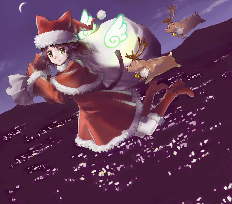 nyaou, original, 1girl, animal ears, boots, christmas, female focus, flying, fur trim, gloves, green eyes, hat, high heel boots, high heels, knee boots, night, purple hair, reindeer, santa costume, santa hat, short hair, solo, tail