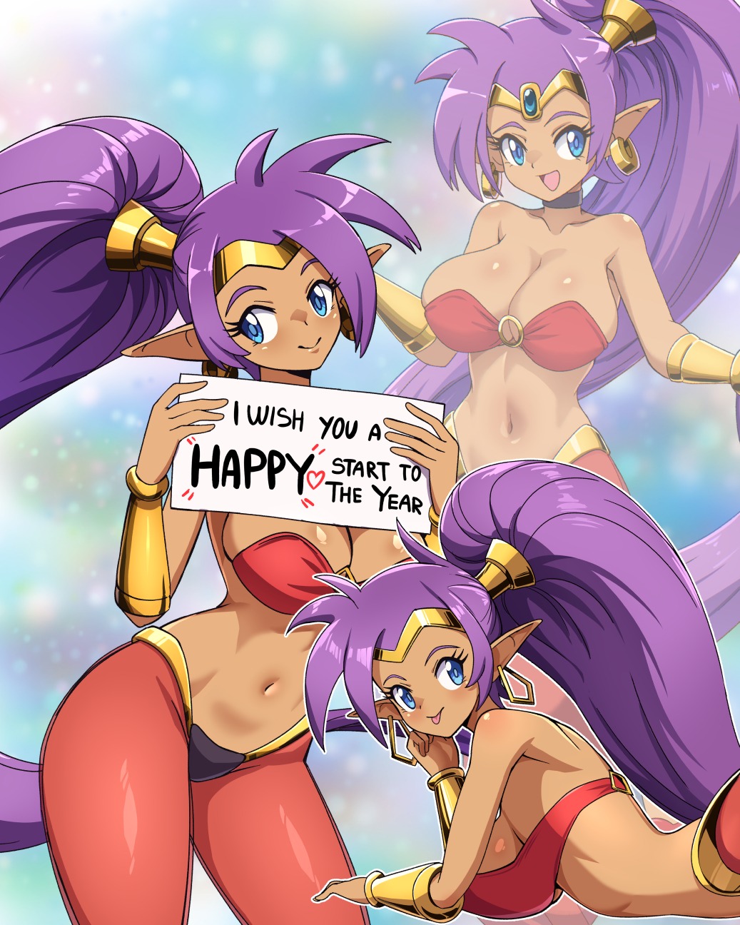 zuchysdraws, shantae, shantae (series), highres, 1girl, breasts, dark-skinned female, dark skin, large breasts, ponytail, purple eyes