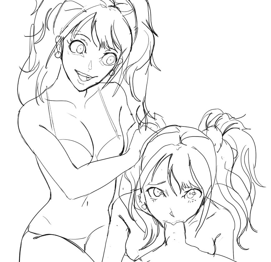 sunbeam (artist), kujikawa rise, shadow rise, persona, persona 4, shin megami tensei, 2girls, assisted fellatio, bra, breasts, cleavage, earrings, fellatio, forced, irrumatio, jewelry, looking at viewer, medium breasts, midriff, multiple girls, navel, oral, panties, penis, sketch, twintails, underwear