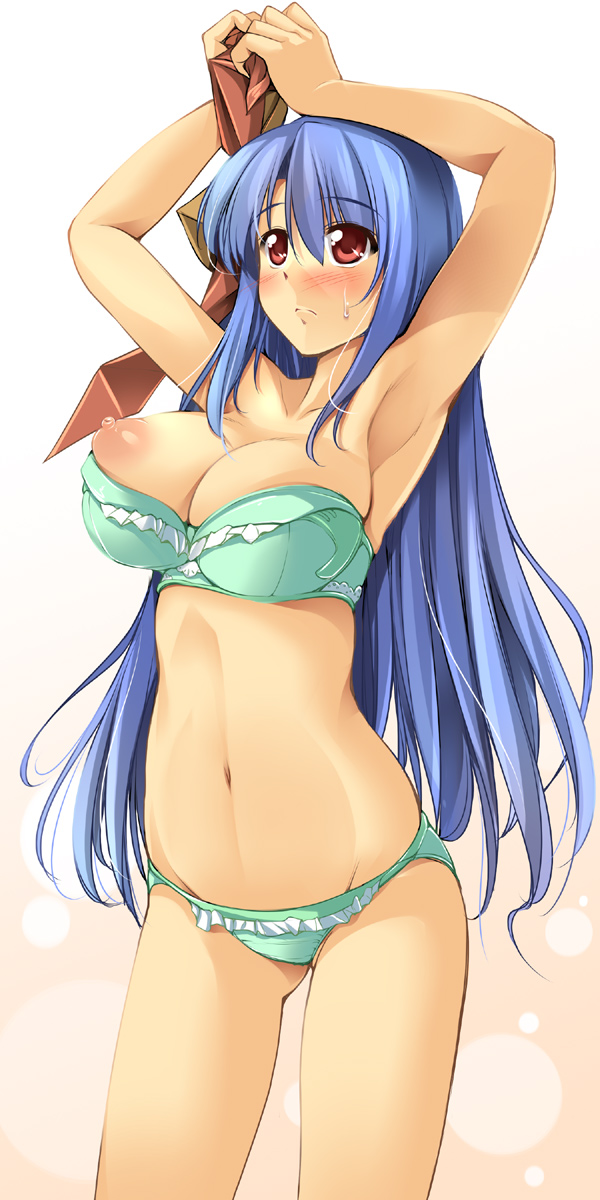 fct, sara da pranzo, sdp, rocbouquet, rocbouquet (saga), romancing saga, romancing saga 2, saga, highres, 1girl, blue hair, blue panties, bra, breasts, cleavage, female focus, green bra, green panties, large breasts, lingerie, long hair, navel, nipple slip, nipples, panties, red eyes, solo, stomach, underwear, underwear only
