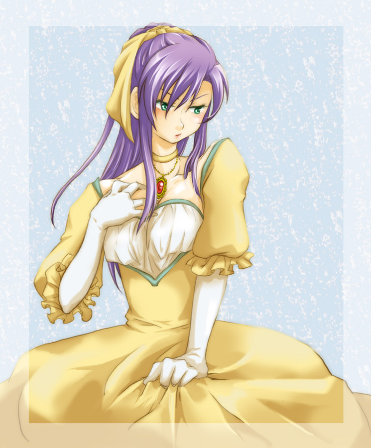 tkis, faris scherwiz, final fantasy, final fantasy v, 1990s (style), 1girl, alternate costume, alternate hairstyle, annoyed, choker, dress, elbow gloves, female focus, frilled dress, frills, gloves, green eyes, hair ribbon, jewelry, long hair, necklace, pendant, ponytail, purple hair, ribbon, solo, yellow ribbon