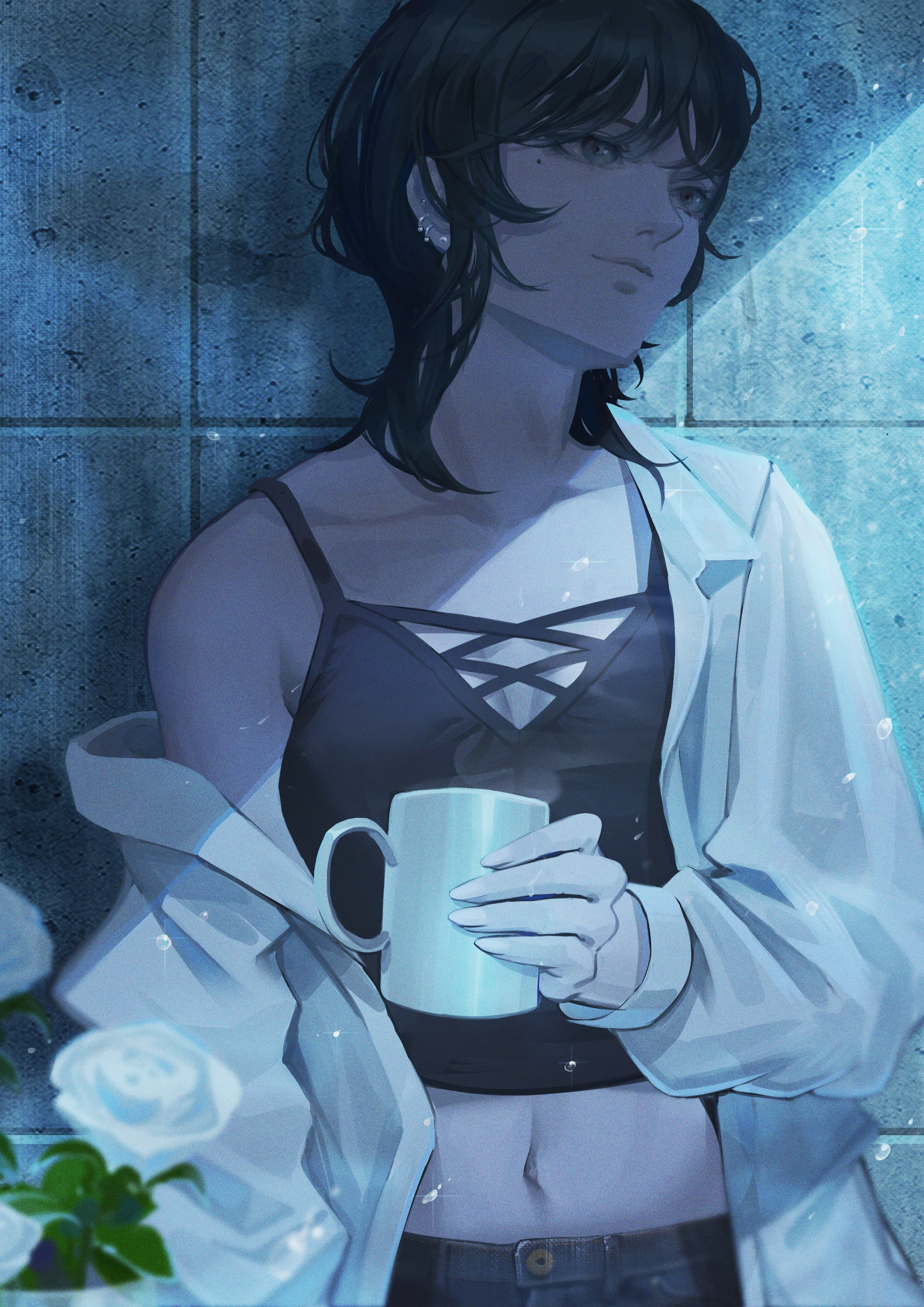 doloyume, original, absurdres, commentary request, highres, 1girl, black hair, black shirt, blue pants, breasts, collarbone, crop top, cup, ear piercing, flower, grey eyes, holding, holding cup, lips, medium hair, mole, mole under eye, mug, navel, open clothes, open shirt, pants, piercing, rain, shirt, solo, steam, white flower, white shirt, wolf cut