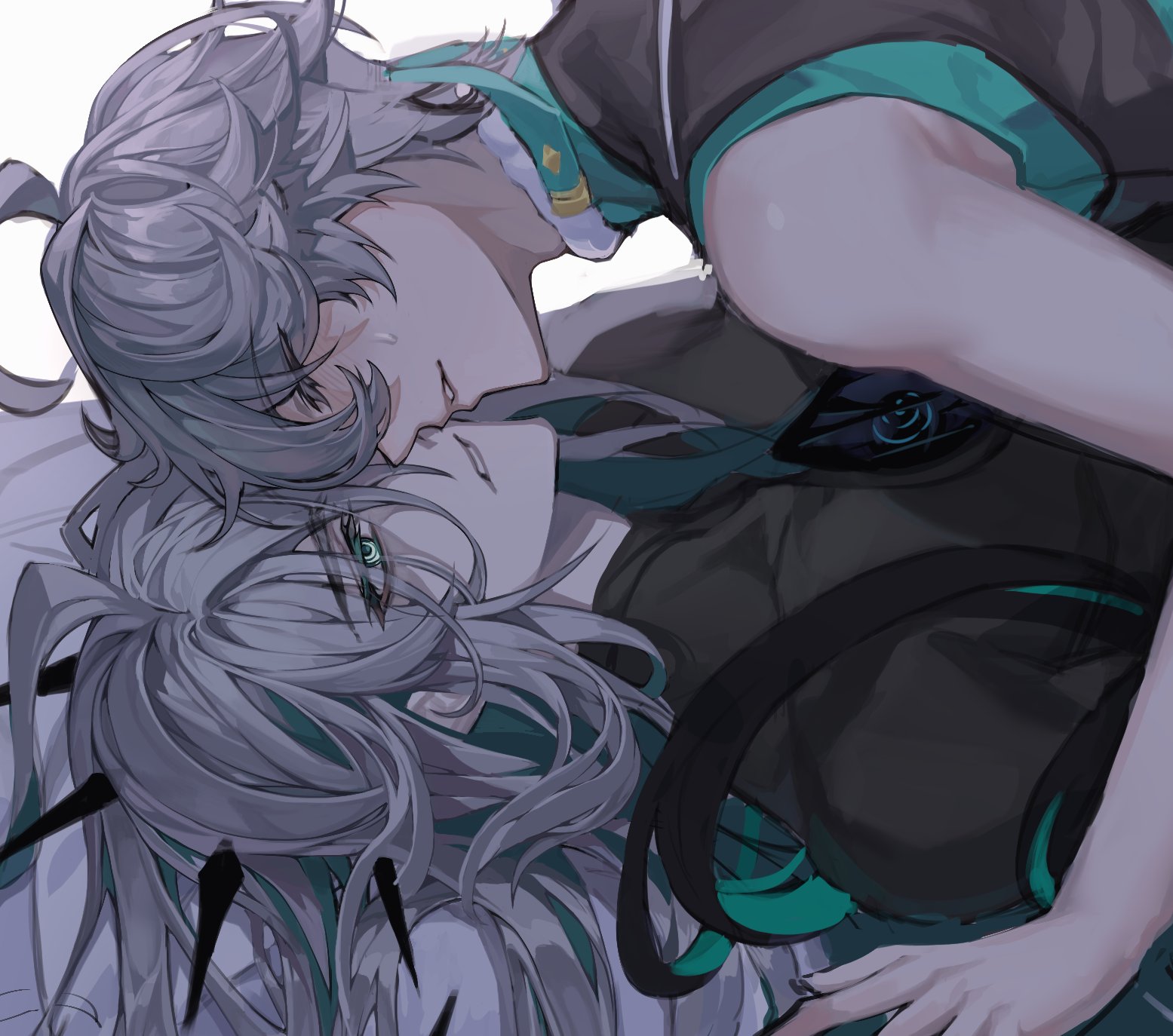 ged s, ainchase ishmael, bluhen (elsword), herrscher (elsword), elsword, commentary request, highres, korean commentary, 2boys, ahoge, arm support, bare shoulders, blush, boy on top, closed eyes, colored inner hair, core, dual persona, empty eyes, eyes visible through hair, face-to-face, facing another, green eyes, green hair, hair between eyes, hole in chest, hole on body, long hair, looking at another, lying, male focus, multicolored eyes, multicolored hair, multiple boys, on back, parted lips, selfcest, short hair, simple background, sweat, two-tone eyes, two-tone hair, upper body, white background, white eyes, yaoi