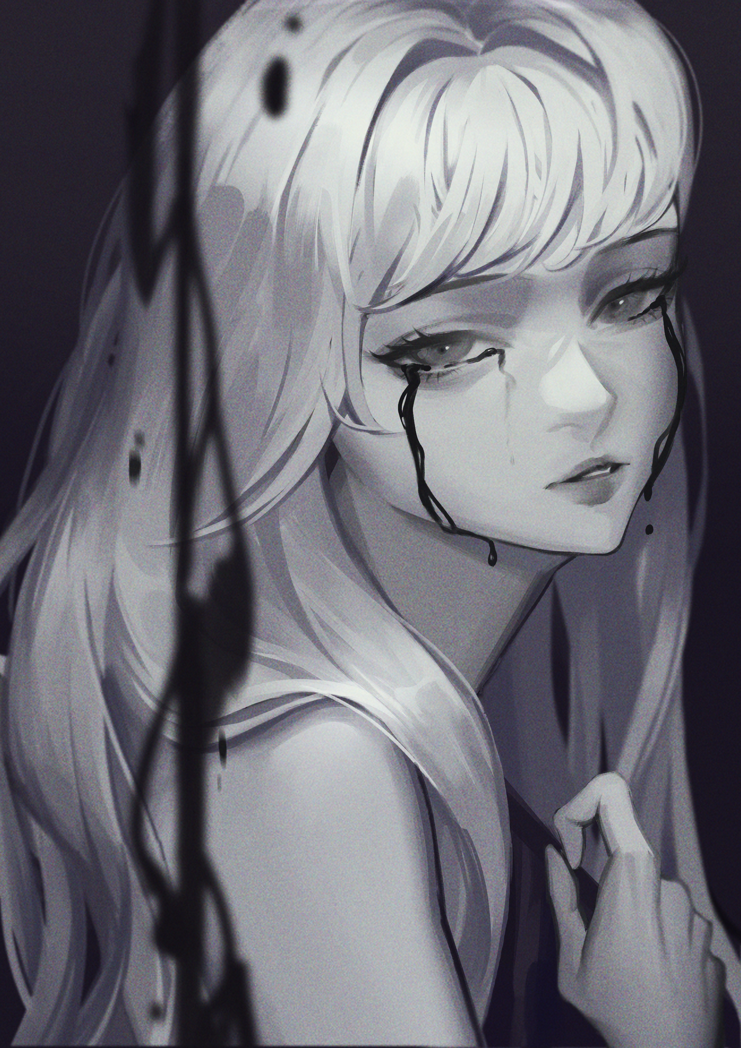 doloyume, original, absurdres, commentary, english commentary, highres, 1girl, blurry, crying, crying with eyes open, depth of field, expressionless, greyscale, lips, long hair, looking at viewer, monochrome, solo, tears