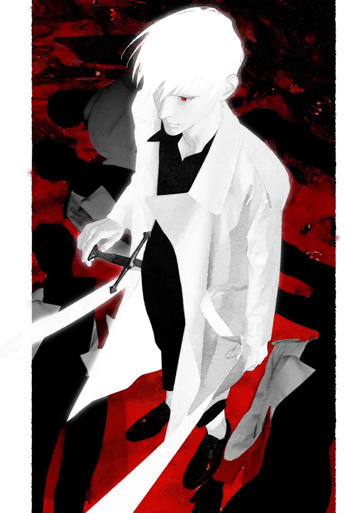 kim dokja, omniscient reader's viewpoint, highres, 1boy, 4others, black shirt, coat, collared shirt, expressionless, from above, glowing, glowing hair, holding, holding sword, holding weapon, looking to the side, male focus, multiple others, pillarboxed, red eyes, shirt, short hair, sword, tix 0314, weapon, white coat, white hair