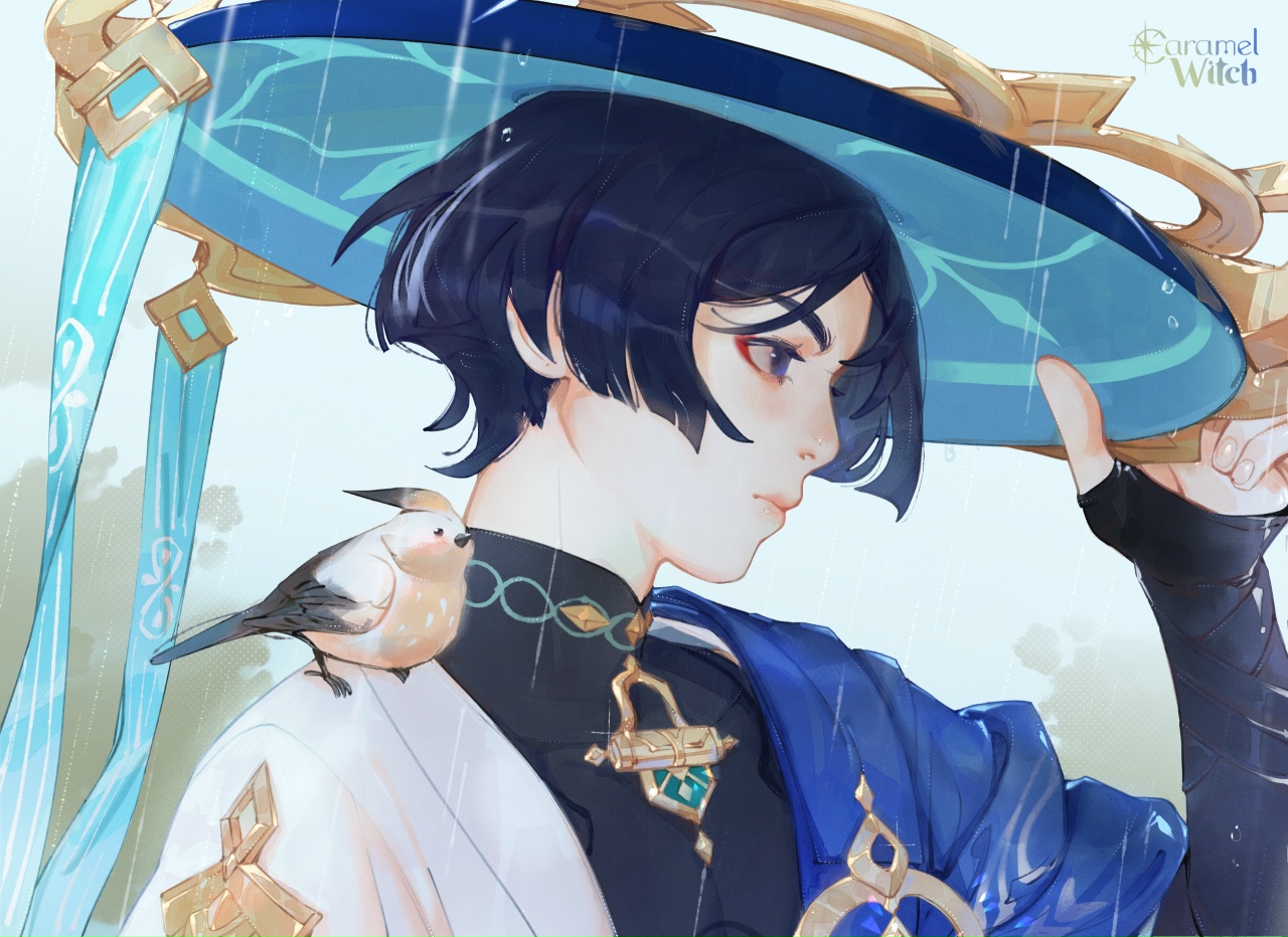 scaramouche (genshin impact), wanderer (genshin impact), genshin impact, commentary request, 1boy, animal, animal on shoulder, artist name, bird, bird on shoulder, black gloves, black shirt, blue eyes, blue hair, blunt ends, caramelwitch, closed mouth, expressionless, eyeliner, finch, fingerless gloves, from side, gloves, gold, han'eri, hand on headwear, hand up, hat, japanese clothes, jingasa, kimono, long sleeves, looking ahead, looking to the side, makeup, male focus, mandarin collar, outdoors, pale skin, parted hair, portrait, profile, rain, red eyeliner, russian commentary, shirt, short hair, solo, white kimono
