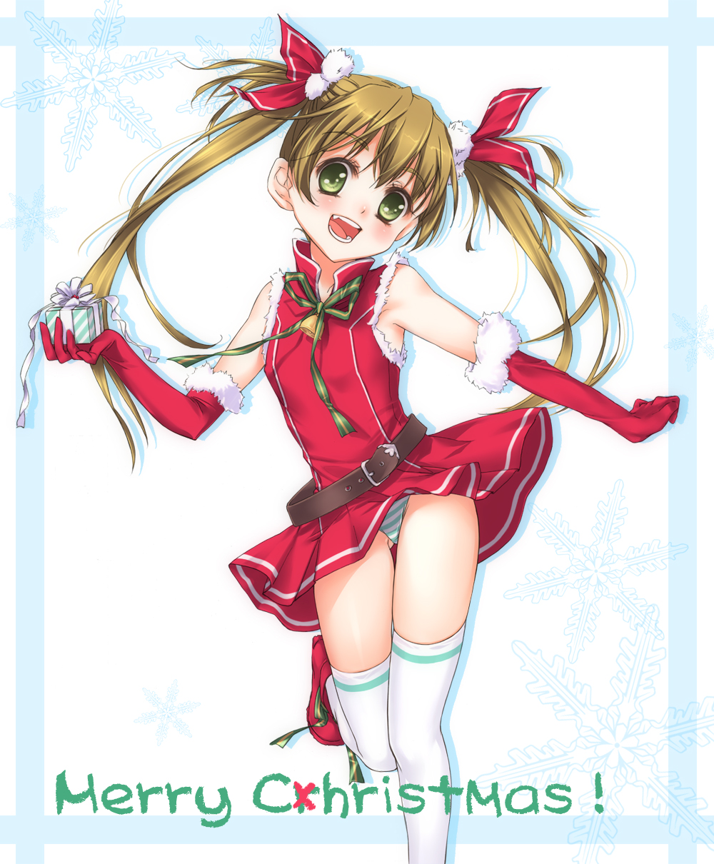 kanda aya, kurusu kanon, original, bad id, bad pixiv id, highres, 1girl, belt, brown hair, christmas, dress, elbow gloves, female focus, gloves, green eyes, open mouth, panties, red gloves, solo, striped clothes, striped panties, thighhighs, twintails, underwear, upskirt