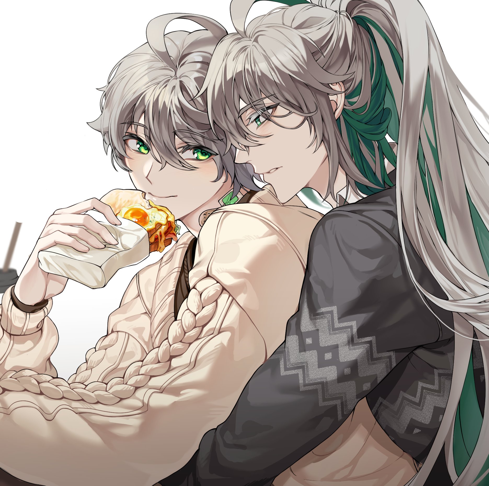 ged s, ainchase ishmael, bluhen (elsword), herrscher (elsword), elsword, commentary request, highres, korean commentary, 2boys, ahoge, alternate costume, bandaid, bandaid on neck, blush, cable knit, casual, closed mouth, colored eyelashes, colored inner hair, cup, disposable coffee cup, disposable cup, drinking straw, dual persona, eating, eyes visible through hair, food, fried egg, green eyes, green hair, grey eyes, grey hair, grey sweater, hair between eyes, hand up, high ponytail, holding, holding food, hug, hug from behind, long hair, long sleeves, looking at another, male focus, multicolored eyes, multicolored hair, multiple boys, ponytail, ringed eyes, sandwich, selfcest, short hair, smile, sweater, two-tone eyes, two-tone hair, upper body, very long hair, waist hug, yaoi, yellow sweater