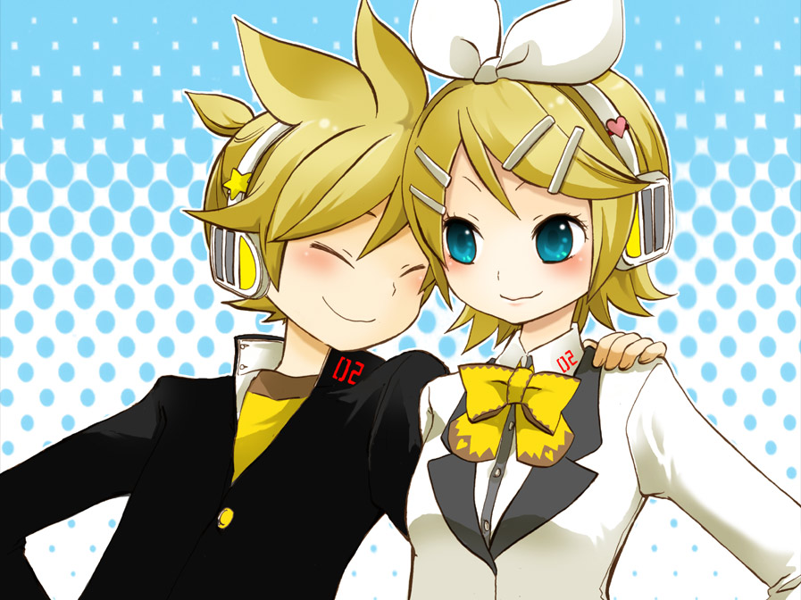sana (memechi), kagamine len, kagamine rin, vocaloid, bad id, bad pixiv id, 1boy, 1girl, blonde hair, blue eyes, brother and sister, closed eyes, hair ornament, hair ribbon, hairclip, headphones, ribbon, short hair, siblings, smile, twins