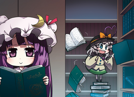kabayaki unagi, komeiji koishi, patchouli knowledge, touhou, silver hair, bad id, bad pixiv id, 2girls, blue eyes, book, bow, chibi, crescent, crescent moon, falling, female focus, hat, library, moon, multiple girls, open book, open mouth, orange bow, purple eyes, purple hair, reading, smile, voile