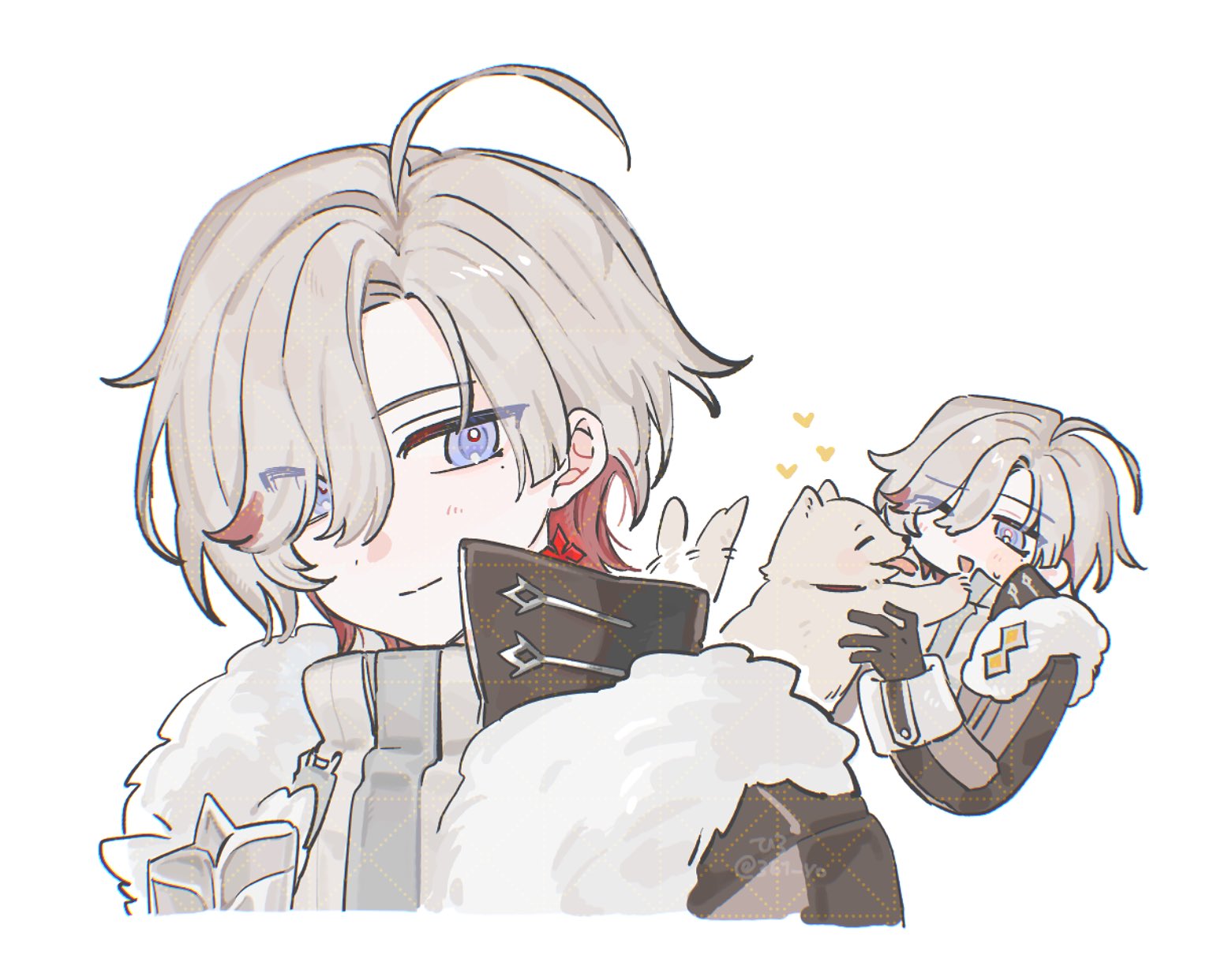 illuga (genshin impact), genshin impact, highres, 1boy, 361 yo, ahoge, black gloves, blue eyes, coat, dog, earrings, eyes visible through hair, fur-trimmed coat, fur trim, gloves, grey hair, hair over one eye, heart, jewelry, male focus, mole, mole under eye, multicolored hair, one eye closed, red hair, silver trim, single earring, sweater, turtleneck, turtleneck sweater, two-tone hair, white background