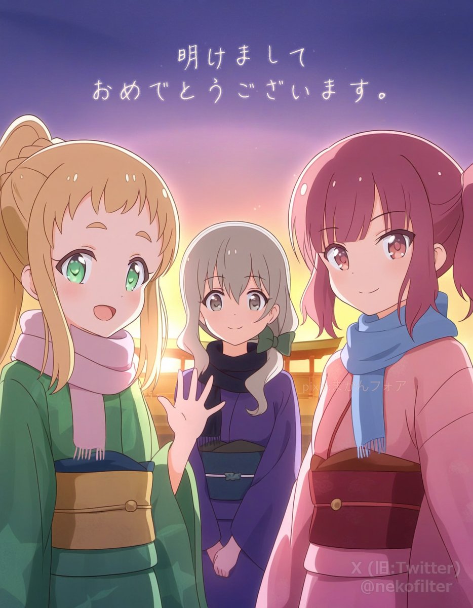 nekofilter, inose mai, morino mari, sakurai mikage, koisuru asteroid, highres, translation request, 3girls, blonde hair, blue scarf, bow, closed mouth, dot nose, feet out of frame, female focus, green eyes, grey eyes, grey hair, hair between eyes, hair bow, japanese clothes, japanese text, kimono, long sleeves, looking at viewer, mole, mole under eye, morning, multiple girls, open clothes, outdoors, pink scarf, pixiv username, red eyes, red hair, scarf, sky, smile, standing, sunrise, twitter username, waving