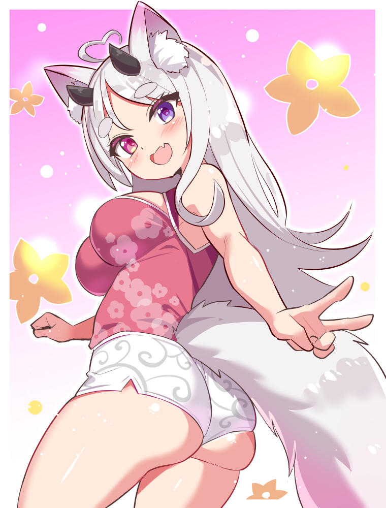 cougar (cougar1404), original, 1girl, ahoge, animal ears, ass, ass focus, bare shoulders, blue eyes, blush, breasts, camisole, fang, from behind, from below, heterochromia, horns, huge ass, large breasts, long hair, looking at viewer, open mouth, red eyes, short shorts, shorts, sideboob, skin fang, smile, solo, tail, very long hair, white hair