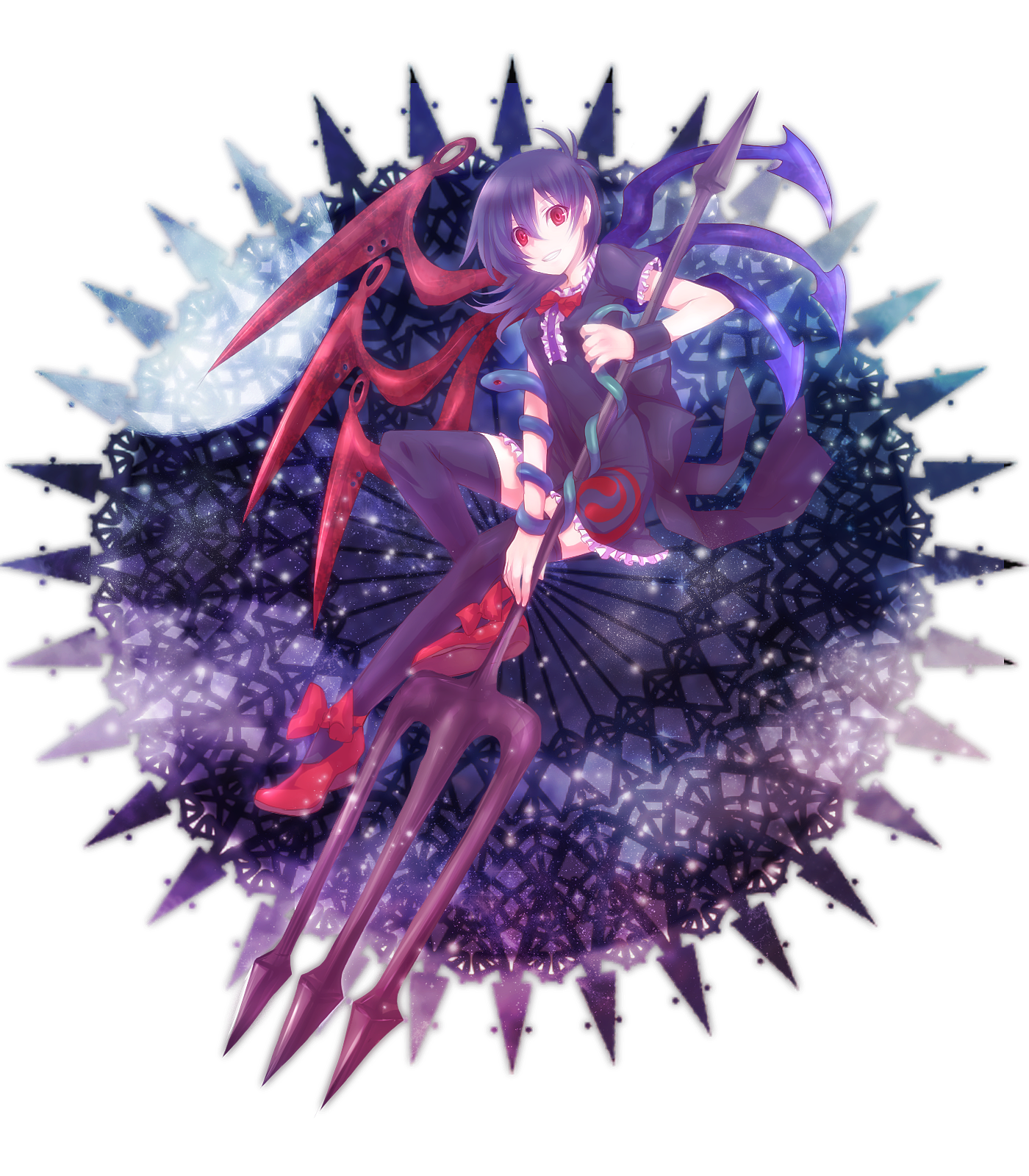 neme, houjuu nue, touhou, bad id, bad pixiv id, highres, 1girl, black hair, black thighhighs, female focus, full body, polearm, red eyes, short hair, snake, solo, spear, thighhighs, transparent background, trident, weapon, wings, zettai ryouiki