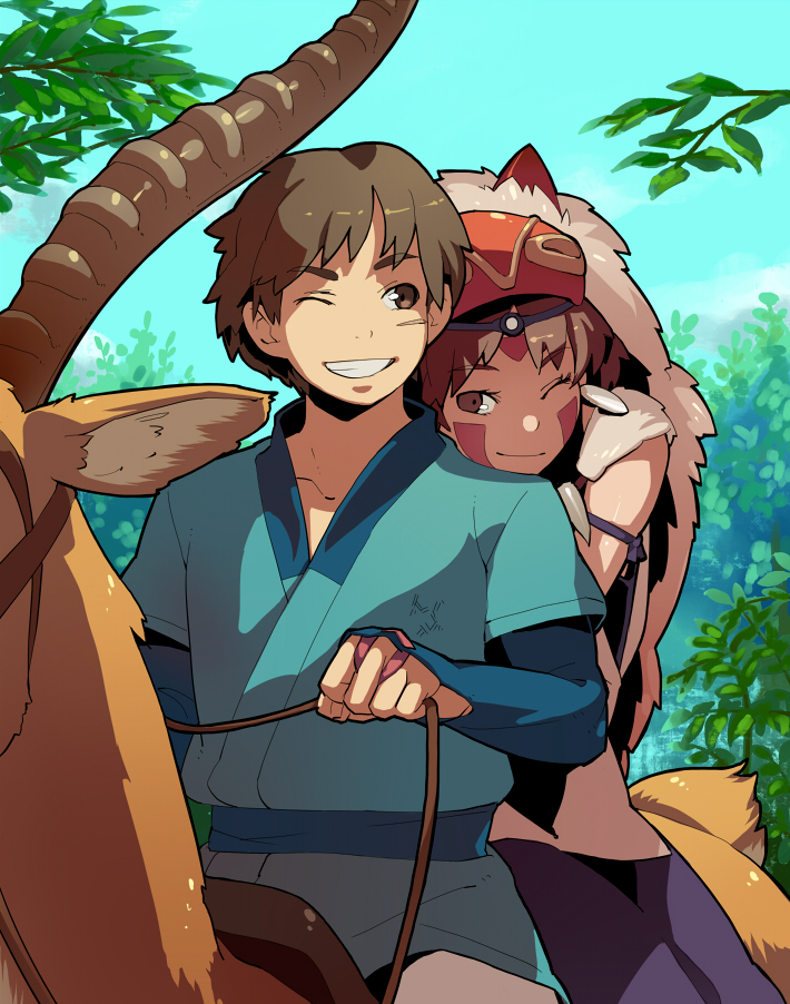 shihou (g-o-s), ashitaka, san (mononoke hime), yakul, mononoke hime, studio ghibli, 1990s (style), 1boy, 1girl, brown eyes, brown hair, couple, earrings, grin, happy, head rest, hetero, hug, jewelry, mask, multiple riders, one eye closed, retro artstyle, riding, short hair, smile, wink