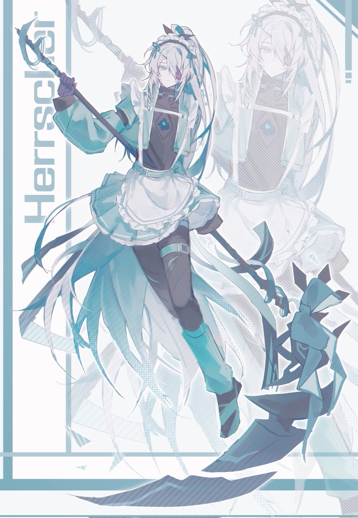 naki (naki 02), ainchase ishmael, herrscher (elsword), elsword, commentary request, highres, korean commentary, 1boy, absurdly long hair, adapted costume, ahoge, alternate costume, apron, artist name, asymmetrical sidelocks, back bow, black bow, black pants, black shirt, bow, character name, choker, closed mouth, colored extremities, cropped jacket, crossdressing, crossdressing (mtf), detached sleeves, enmaided, expressionless, eyepatch, frilled apron, frills, full body, green bow, green choker, green hair, green jacket, green leg warmers, green skirt, grey hair, hair bow, hair over one eye, heart, heart choker, high ponytail, holding, holding scythe, holding weapon, jacket, leg warmers, long hair, long sleeves, looking at viewer, maid, maid apron, maid headdress, male focus, male maid, multicolored eyes, multicolored hair, open clothes, open jacket, outline, pants, pants under skirt, petticoat, ponytail, purple hands, ringed eyes, scythe, shirt, sidelocks, simple background, skirt, solo, thigh strap, trap, twitter username, two-tone eyes, two-tone hair, very long hair, waist apron, weapon, white apron, white outline, zoom layer