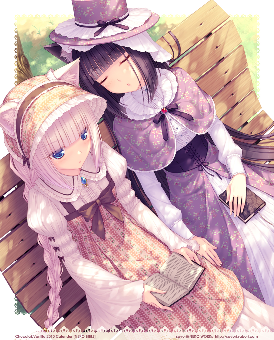 sayori (neko works), chocola (nekopara), vanilla (nekopara), nekopara, original, bad id, bad pixiv id, tagme, 10s, 2girls, animal ear fluff, animal ears, bench, black hair, blue eyes, bonnet, book, braid, brooch, cat ears, cat girl, dress, floral print, hat, jewelry, long hair, multiple girls, neko bible, outdoors, siblings, sisters, sitting, sleeping, slit pupils, twins