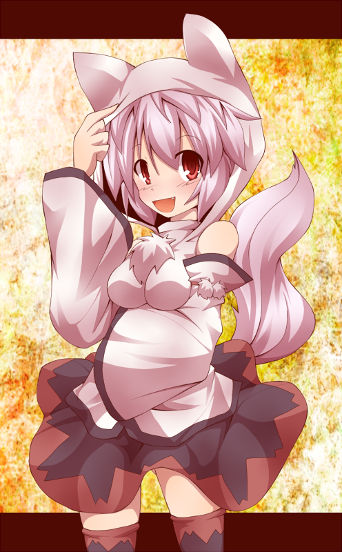 kuromiya, inubashiri momiji, touhou, 1girl, animal ears, animal hood, cat hood, female focus, hood, hoodie, red eyes, short hair, solo, tail, white hair, wolf ears, wolf tail