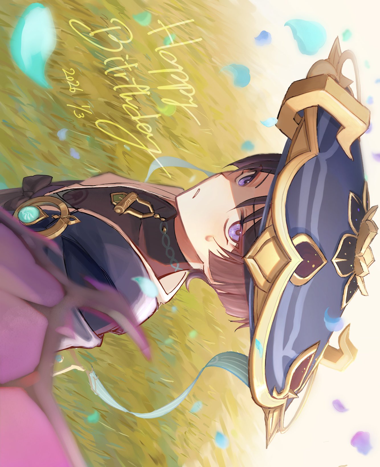 durin (genshin impact), scaramouche (genshin impact), wanderer (genshin impact), genshin impact, highres, 1boy, blue eyes, blue hair, dragon wings, grass, happy birthday, hat, looking at viewer, male focus, petals, s0bk8, solo focus, vision (genshin impact), wings