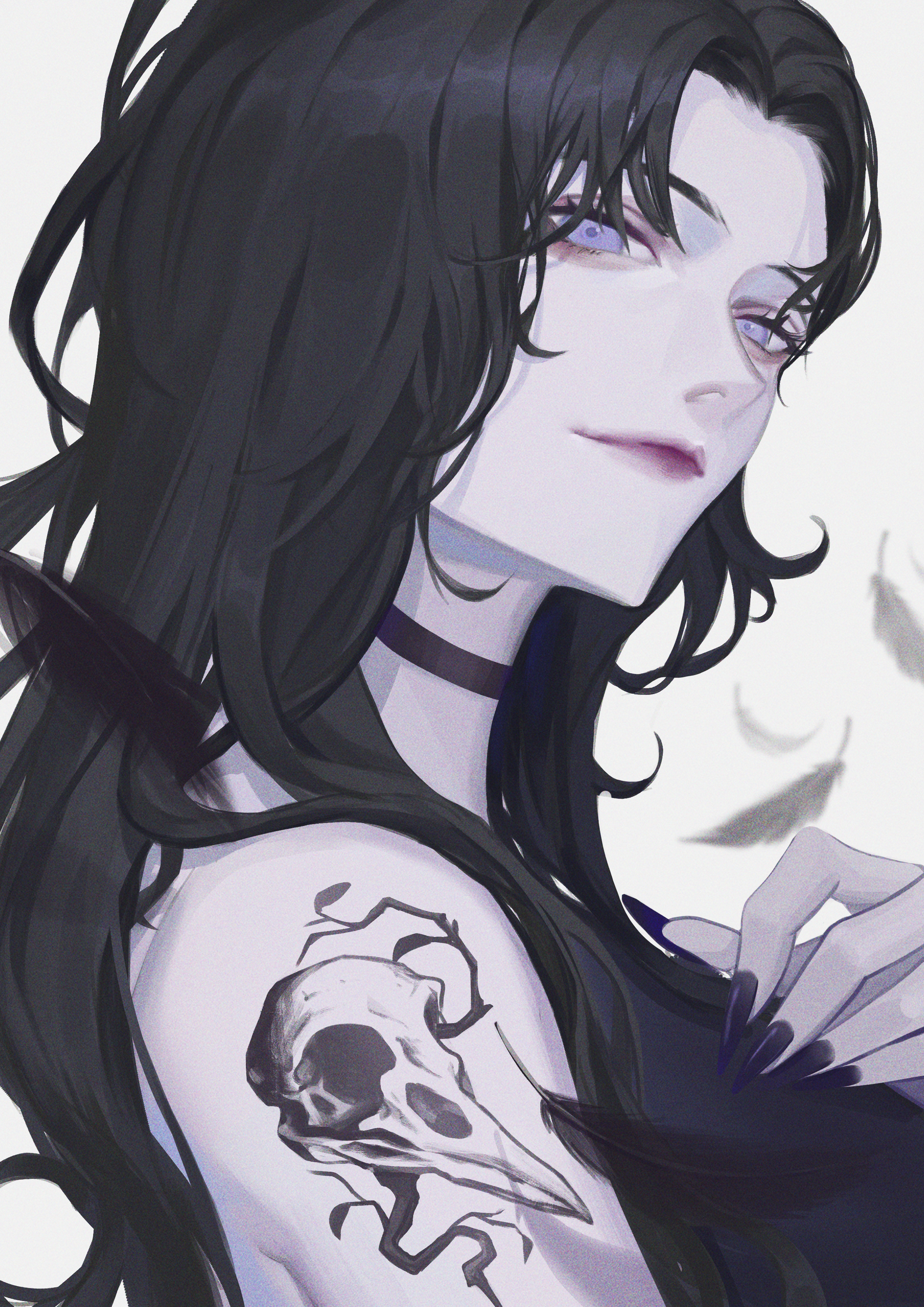 doloyume, original, absurdres, commentary request, highres, 1girl, arm tattoo, bird, black choker, black hair, black nails, choker, crow, expressionless, feathers, fingernails, long hair, looking at viewer, nail polish, purple eyes, purple lips, solo, tattoo
