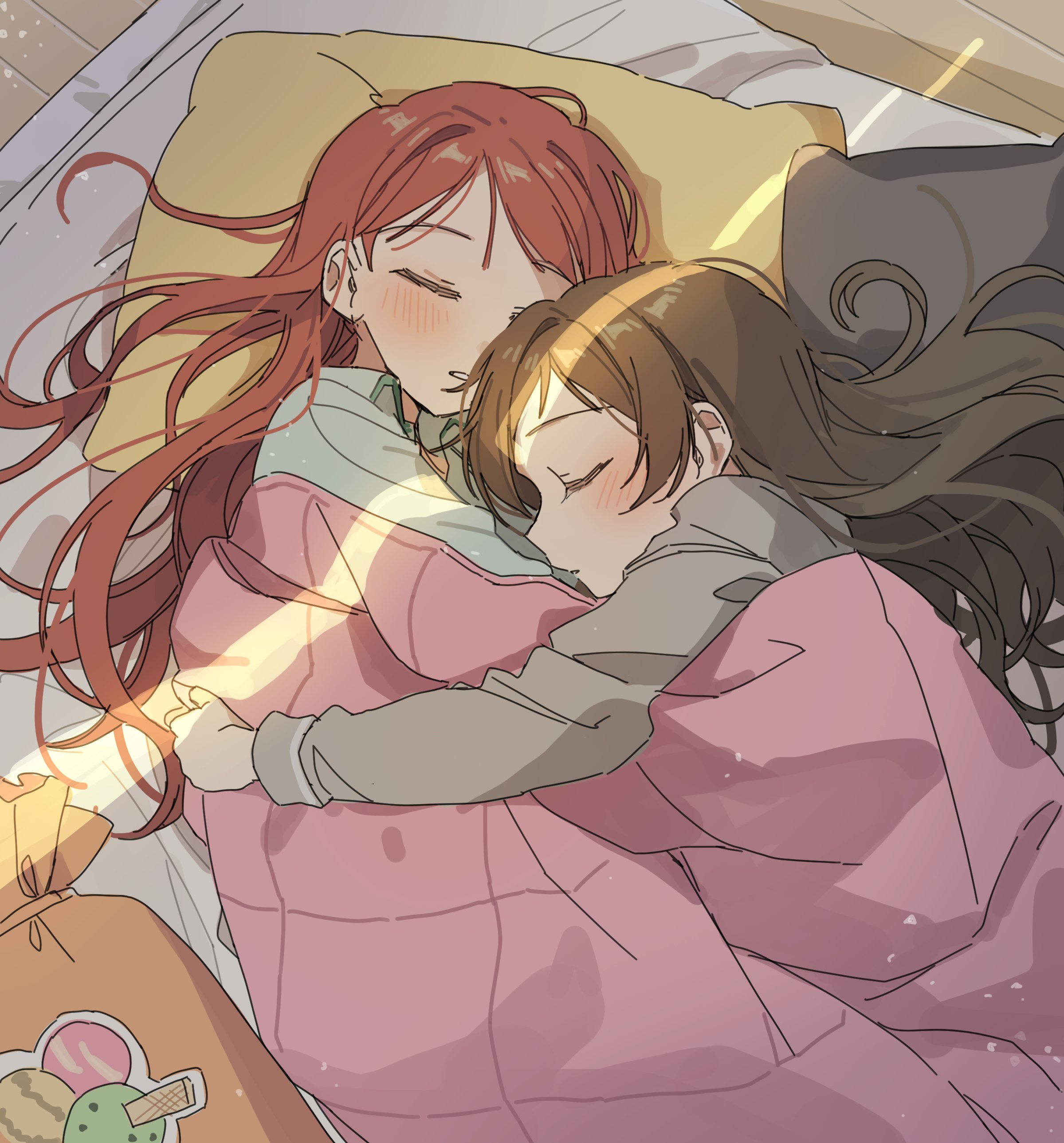 hano9789, kitazawa shiho, tanaka kotoha, idolmaster, idolmaster million live!, absurdres, commentary request, highres, korean commentary, 2girls, blanket, blush, brown hair, closed eyes, crack of light, head on pillow, hug, indoors, long hair, long sleeves, lying, multiple girls, on side, pillow, red hair, shirt, sleeping, under covers, yuri
