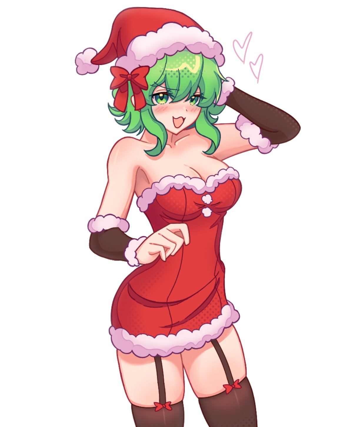 gumi, vocaloid, commentary, english commentary, highres, 1girl, :3, armpit peek, black sleeves, black thighhighs, bow, breasts, christmas, cleavage, collarbone, detached sleeves, dress, fur-trimmed headwear, fur-trimmed sleeves, fur trim, green eyes, green hair, gumitetoyuri, hair bow, hand on own head, hat, heart, large breasts, looking at viewer, open mouth, red bow, red dress, red hat, santa costume, santa dress, santa hat, short hair with long locks, simple background, skindentation, solo, thighhighs, white background