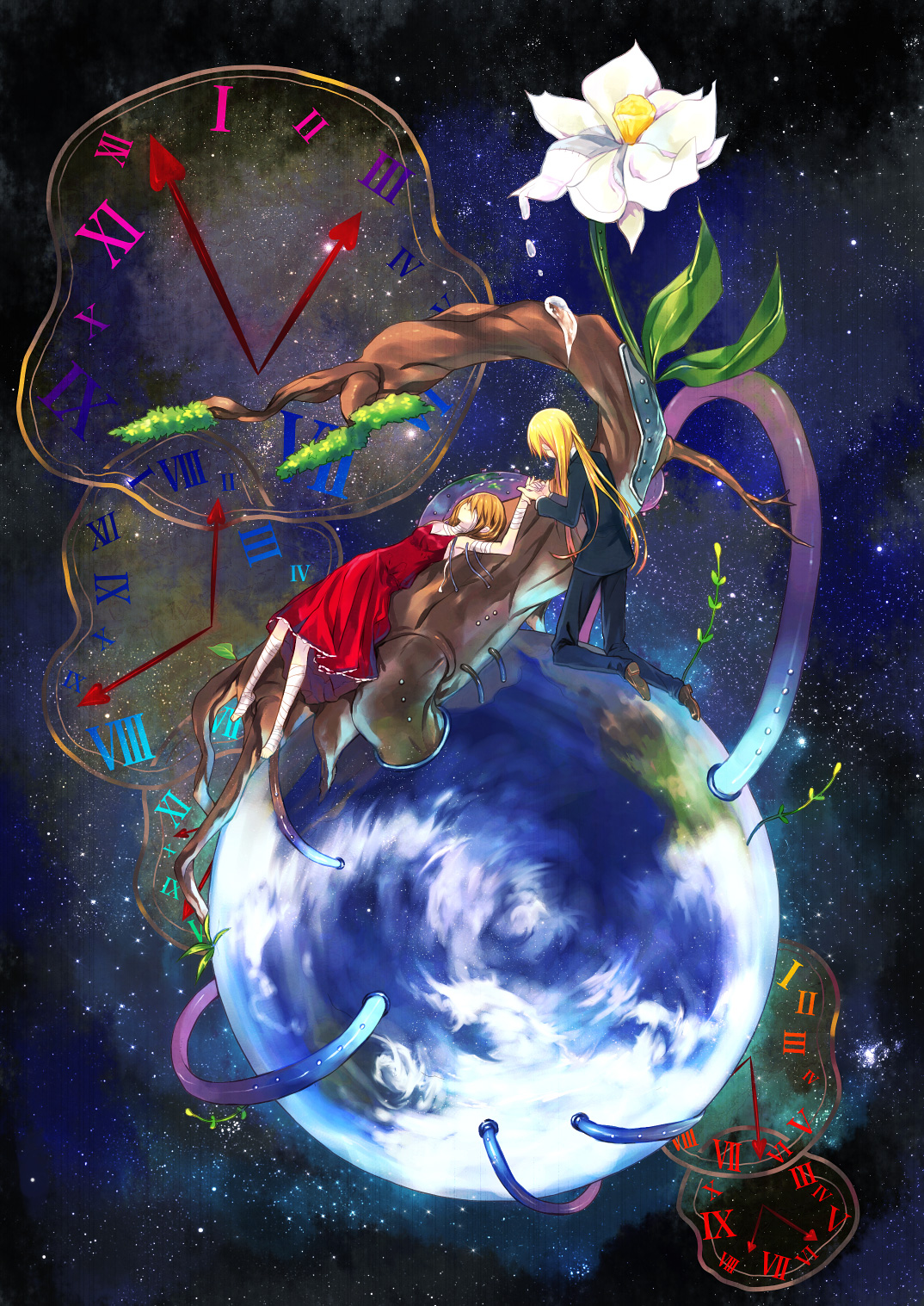 renta, renta (deja-vu), salvador dali, original, bad id, bad pixiv id, highres, 2girls, blonde hair, clock, dress, earth (planet), flower, kneeling, long hair, lying, multiple girls, planet, plant, space, surreal