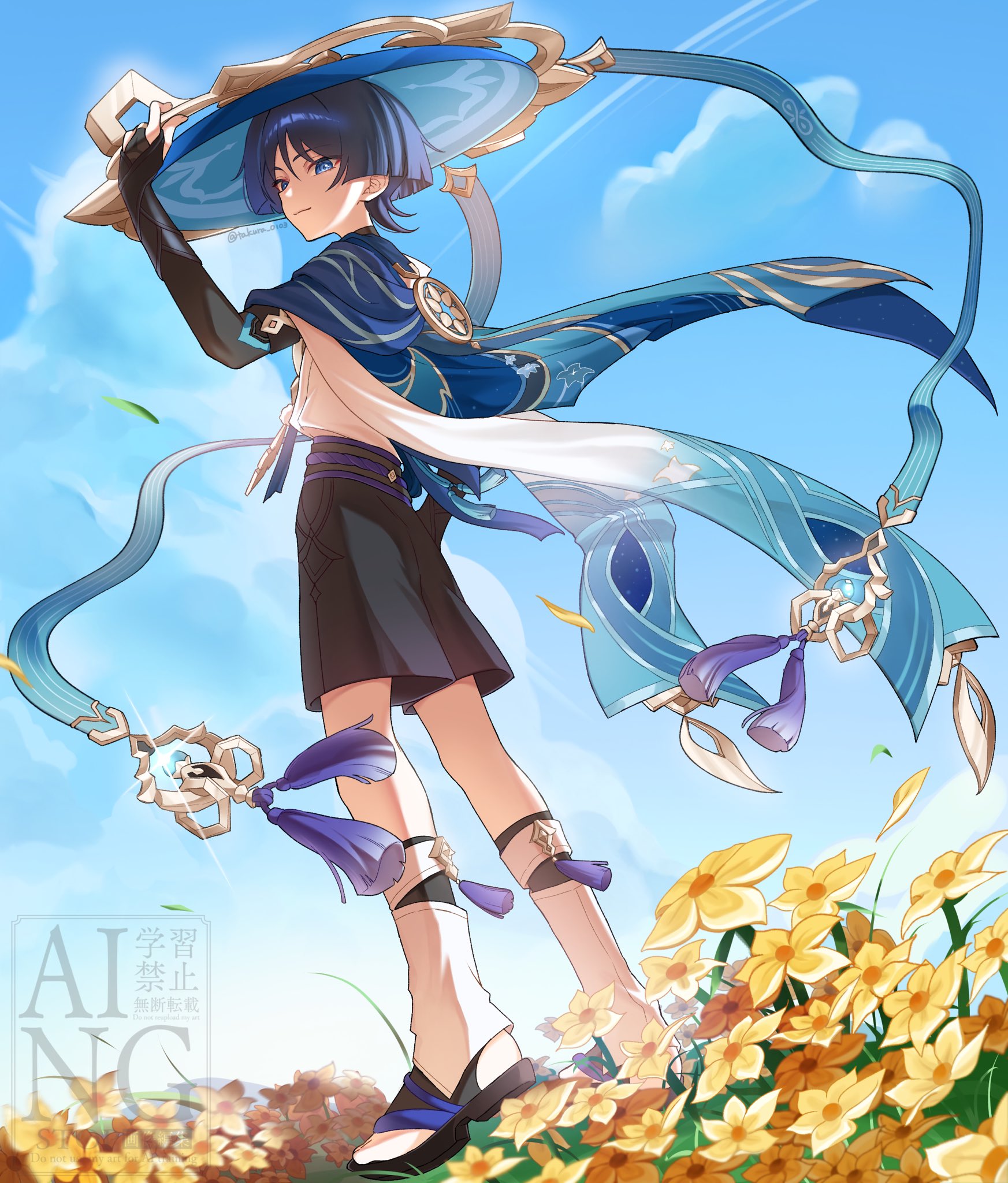 scaramouche (genshin impact), wanderer (genshin impact), genshin impact, highres, 1boy, blue eyes, blue hair, closed mouth, cloud, flower, from below, hand on headwear, hat, looking at viewer, male focus, outdoors, sandals, shorts, sky, solo, takura 0103