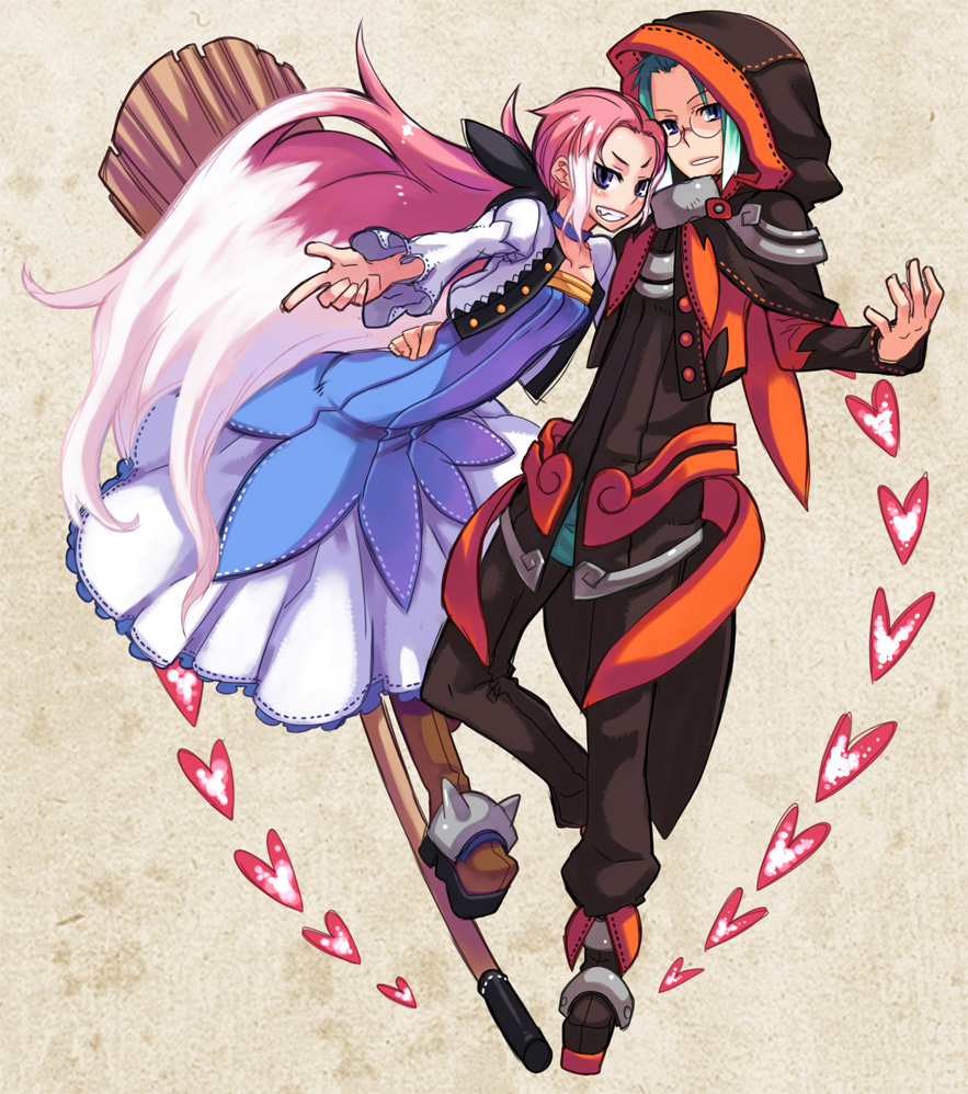 rumie, original, pixiv fantasia, 1boy, 1girl, boots, broom, broom riding, choker, dress, full body, glasses, grin, heart, hood, long hair, multicolored hair, pink hair, purple eyes, smile, very long hair