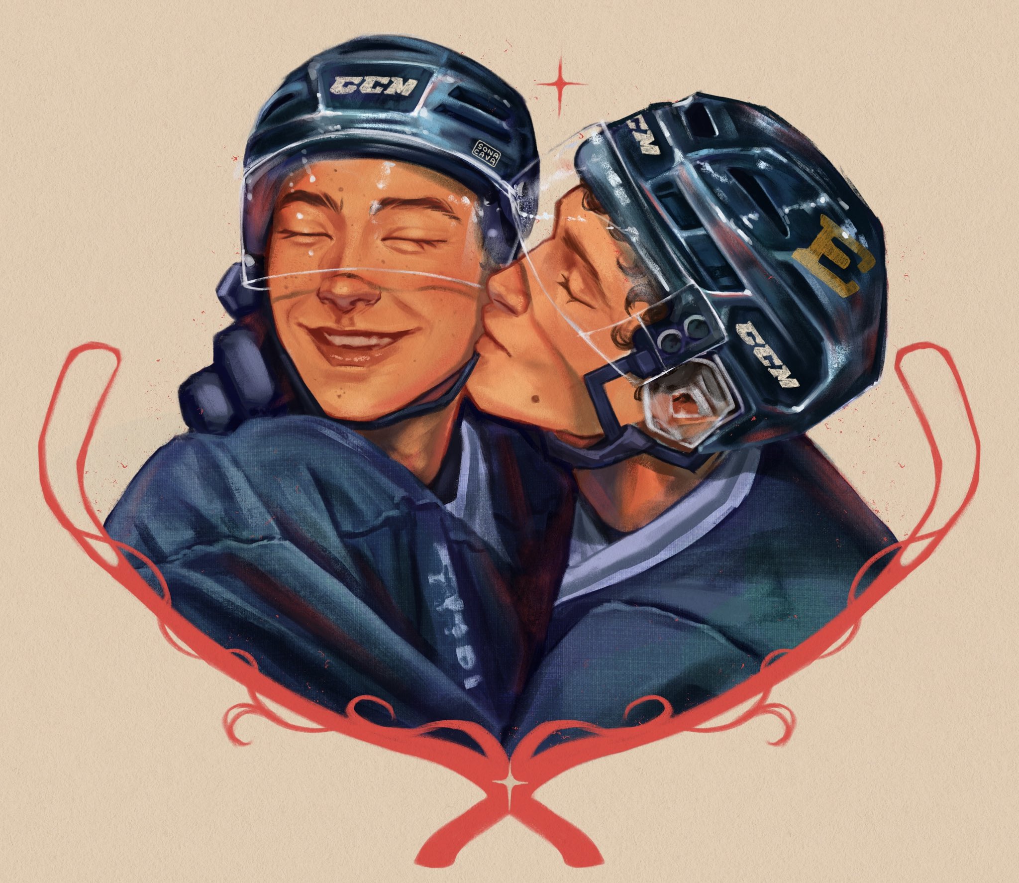 commentary, english commentary, highres, photo-referenced, 2boys, brown hair, closed eyes, cropped shoulders, curly hair, eyelashes, gloves, heated rivalry, helmet, hockey helmet, hockey stick, hockey sweater, ilya rozanov, kiss, kissing cheek, male focus, multiple boys, multiple moles, shane hollander, short hair, simple background, smile, sonacavas, yaoi