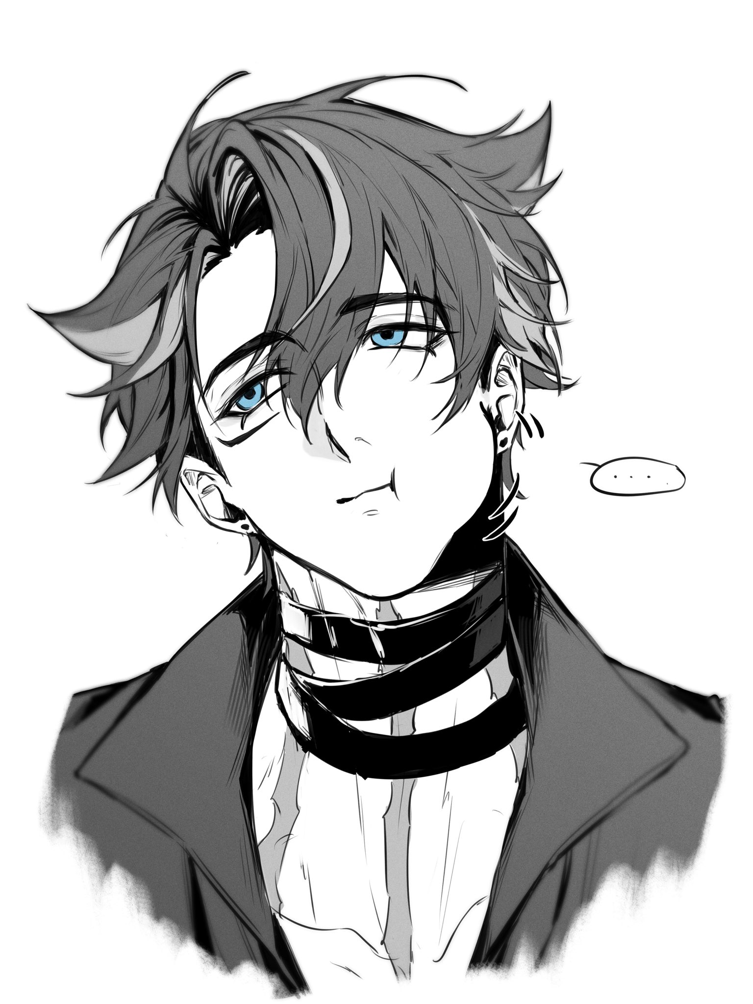 wriothesley (genshin impact), genshin impact, highres, …, 1boy, :t, blue eyes, closed mouth, cropped shoulders, dodogen 0, earrings, greyscale, hair between eyes, jacket, jewelry, lapels, looking to the side, male focus, monochrome, motion lines, multicolored hair, parted hair, piercing, portrait, sideways glance, simple background, solo, speech bubble, spoken ellipsis, streaked hair, stud earrings, white background